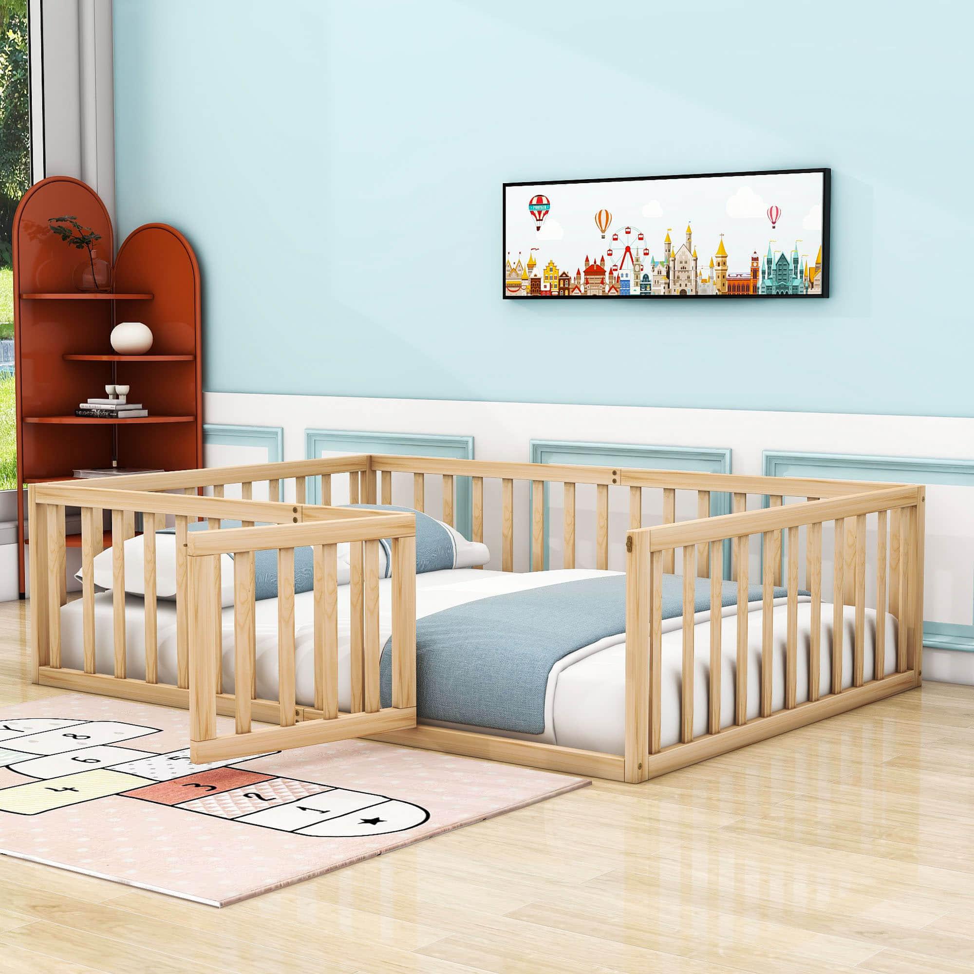 Wooden Full Size Floor Toddler Bed with Rails