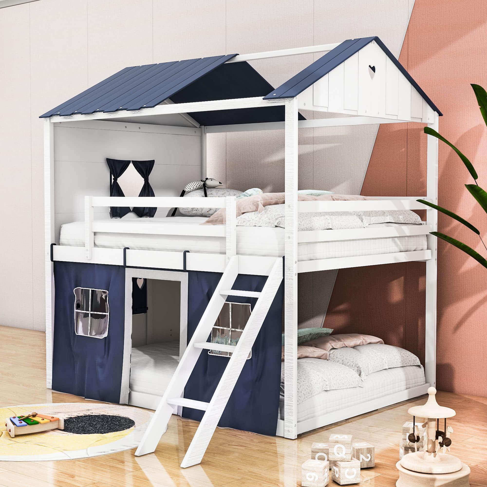 Fun Full Over Full House Loft Bunk Beds for Kids with Curtains - [Low]