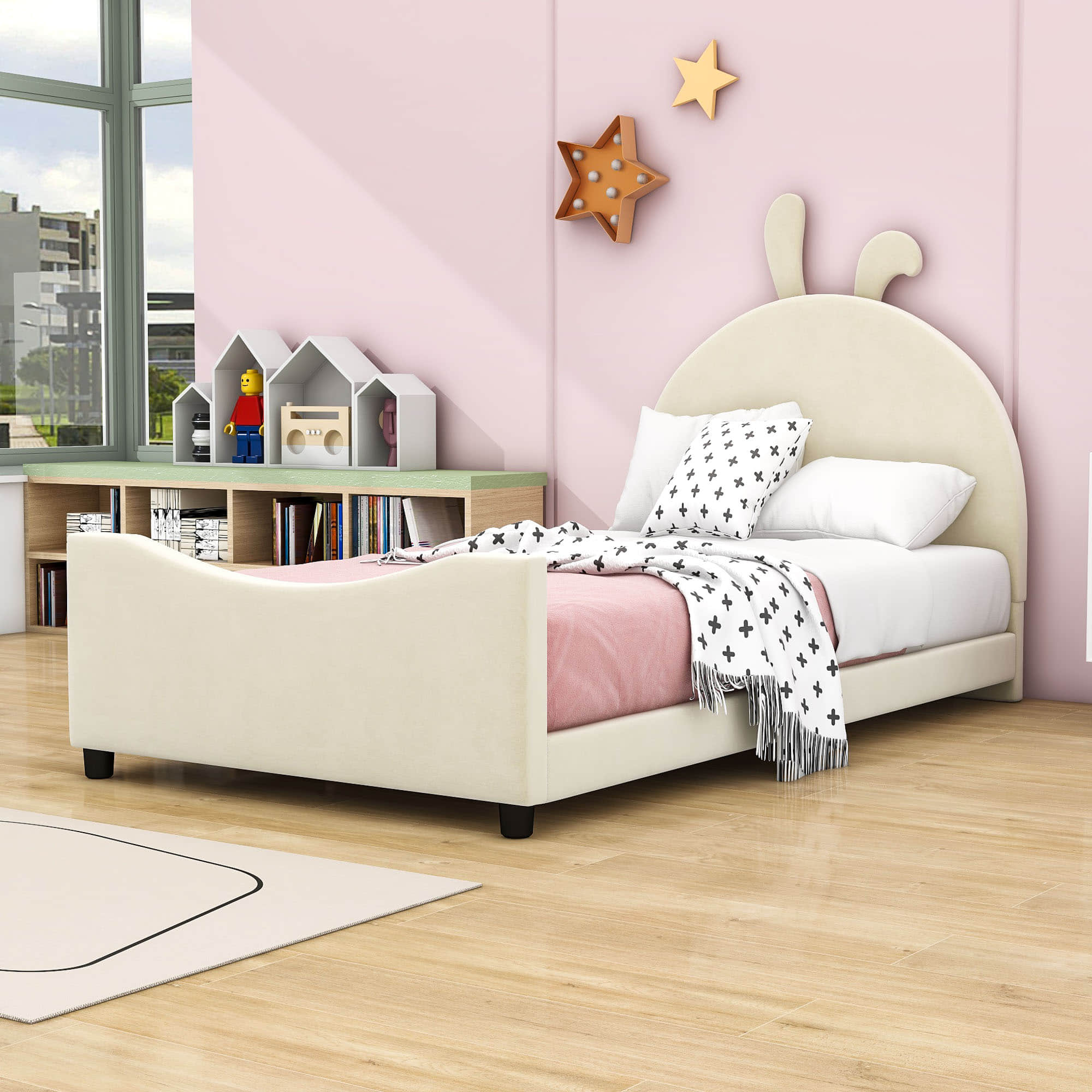 Cute Twin Size Low Profile Upholstered Toddler Bed with Rails