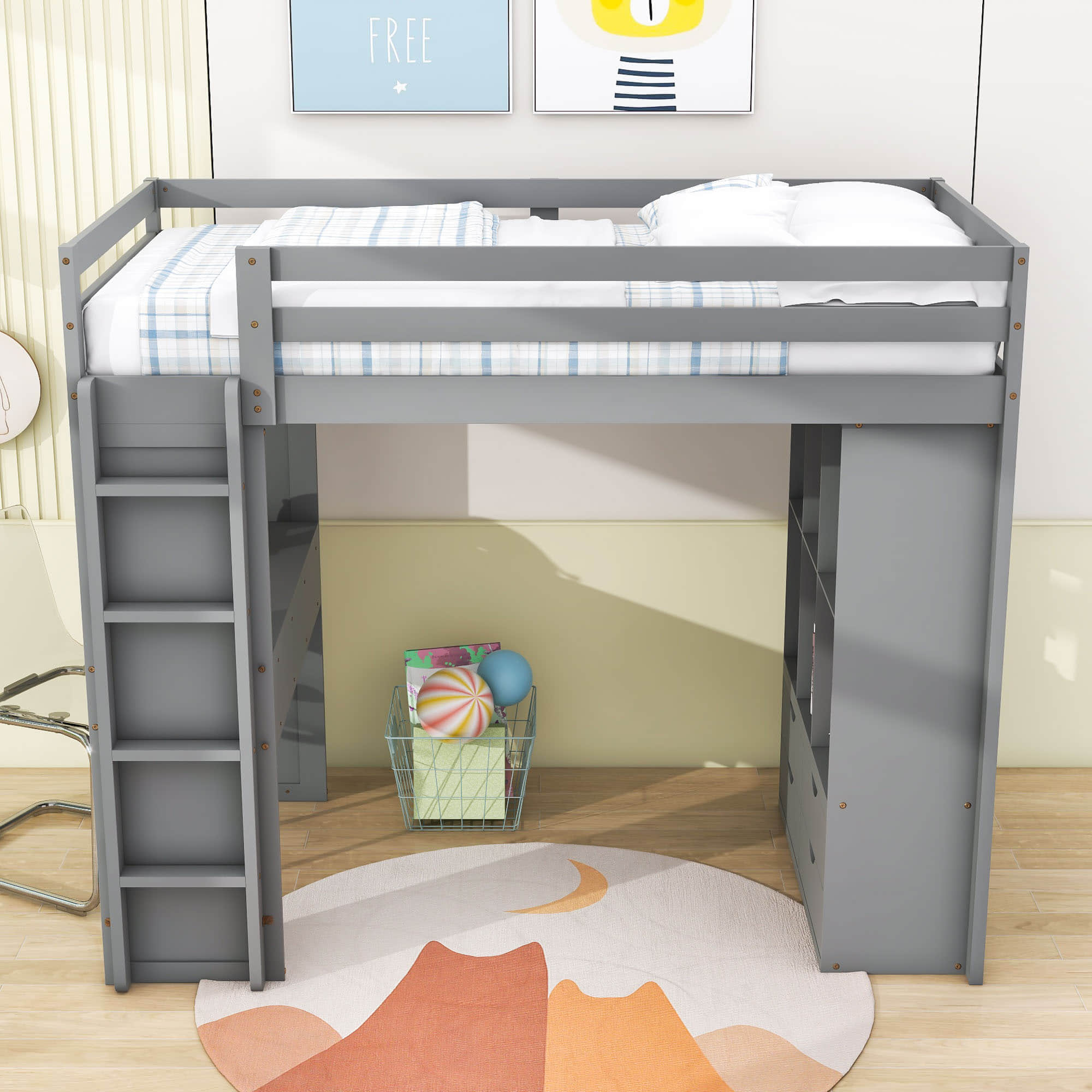 Modern Twin Loft Bed with Desk and Storage, LED Light for Adults, Teens