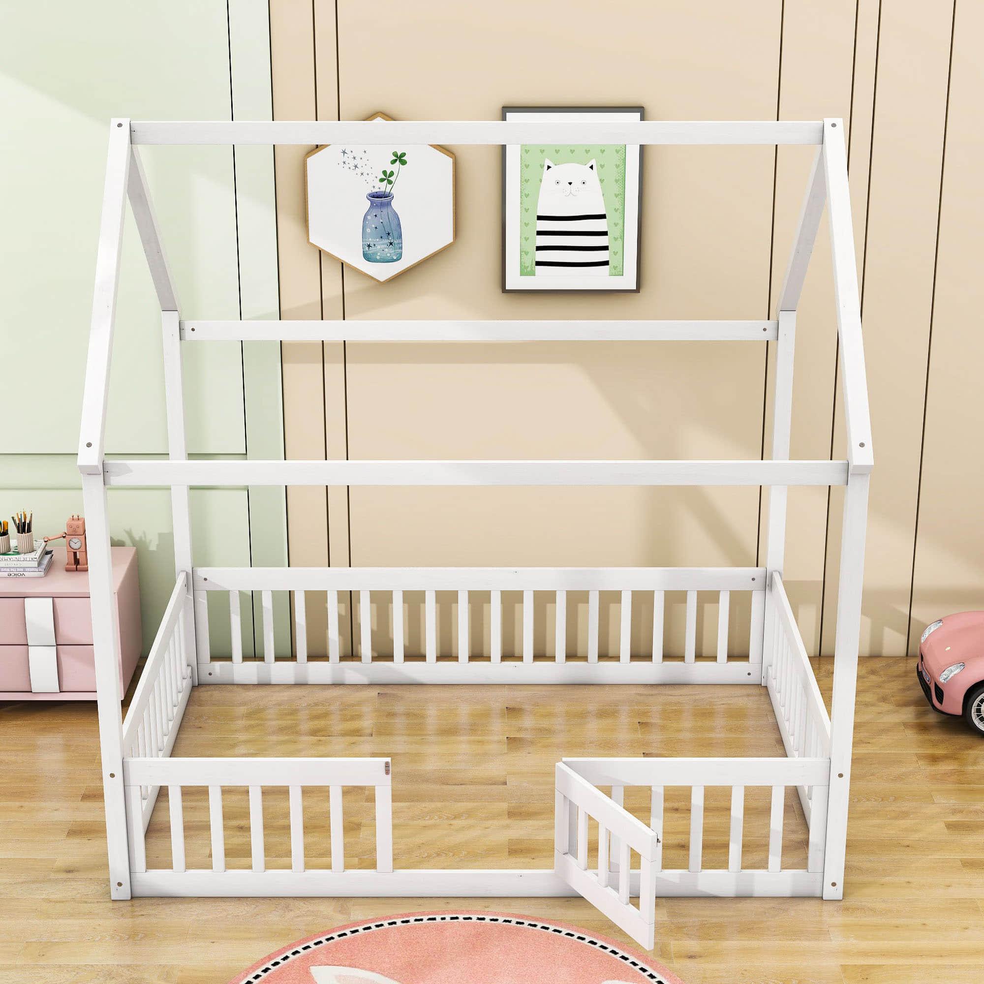 Full Size Wood House Toddler Floor Bed with Rails and Door