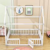 Full Size Wood House Toddler Floor Bed with Rails and Door