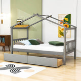 Kids Low Wooden House Bed with Storage and Headboard - [Drawers, Footboard]