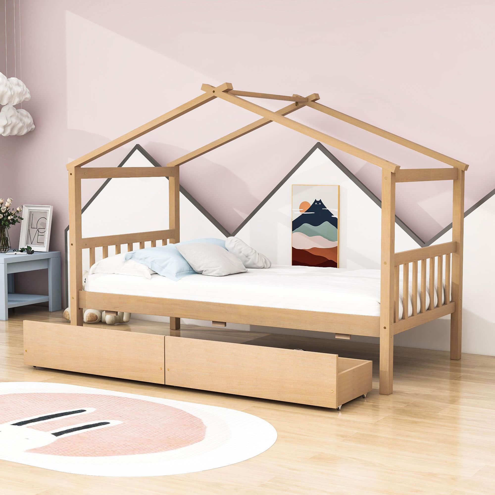 Kids Low Wooden House Bed with Storage and Headboard - [Drawers, Footboard]