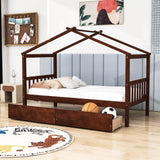 Kids Low Wooden House Bed with Storage and Headboard - [Drawers, Footboard]