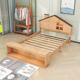 Kids Full Size Wood House Platform Bed Frame with LED Lights and Storage