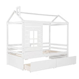 Kids Twin Size Wood House Bed with Rails Storage Drawers