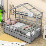 Wood Twin Size Low House Bed Frame with Storage and Twin Trundle Bed