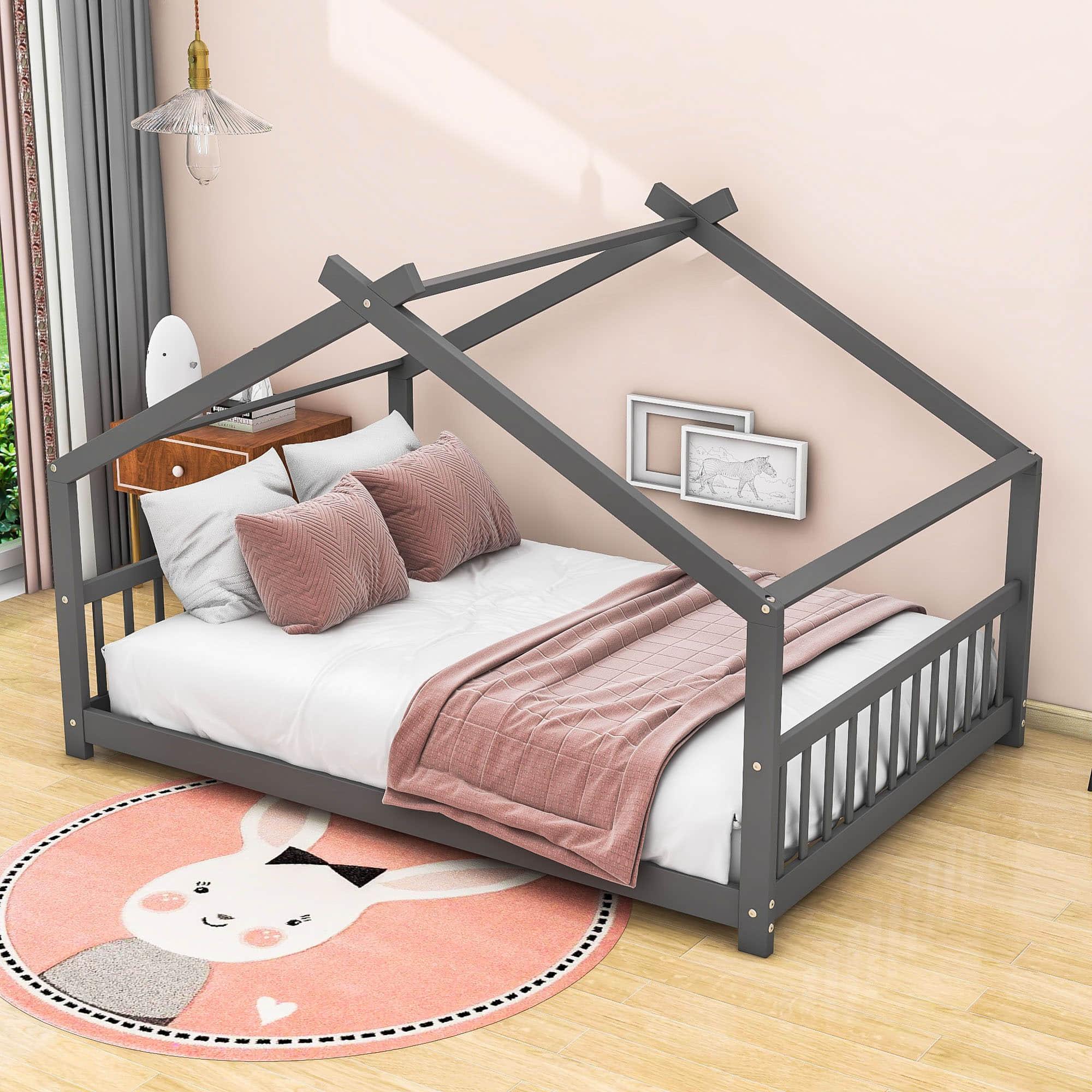 Wooden Full Size Low House Bed Frame for Toddler, Kids