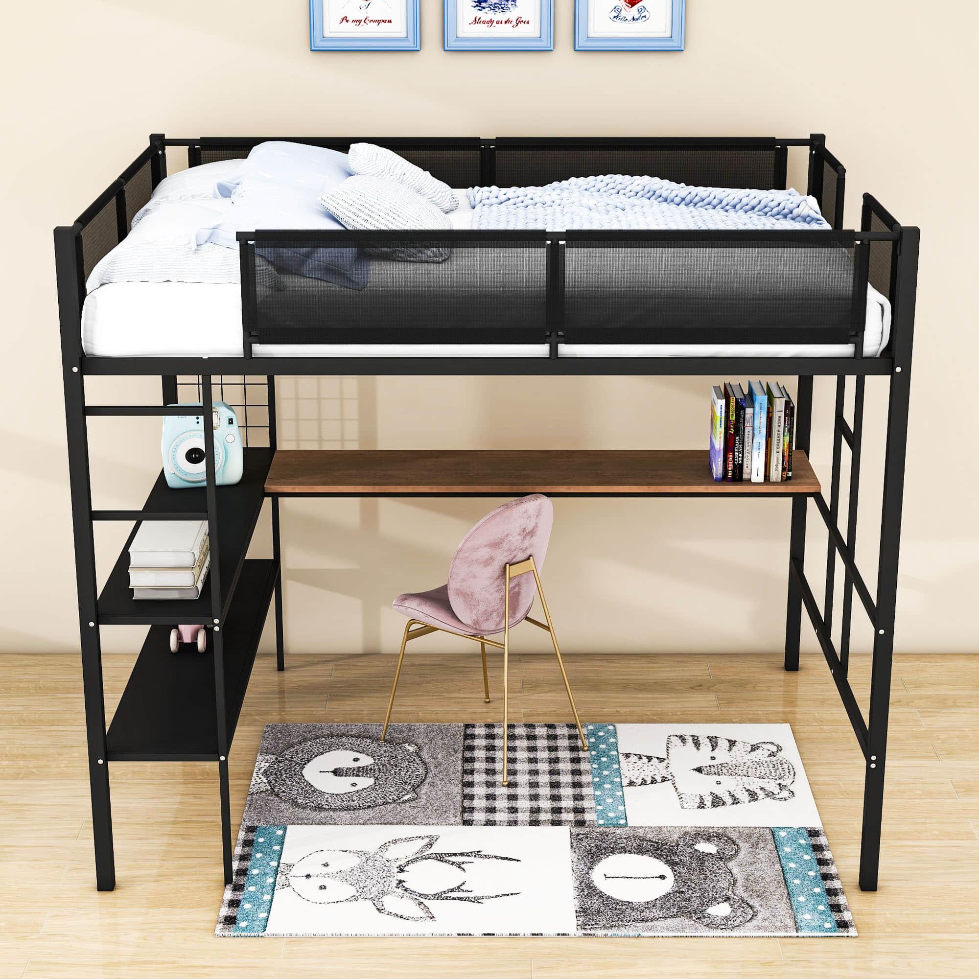 Metal Sturdy Full Size Loft Bed with Desk and Storage Shelves - [Noise Free]