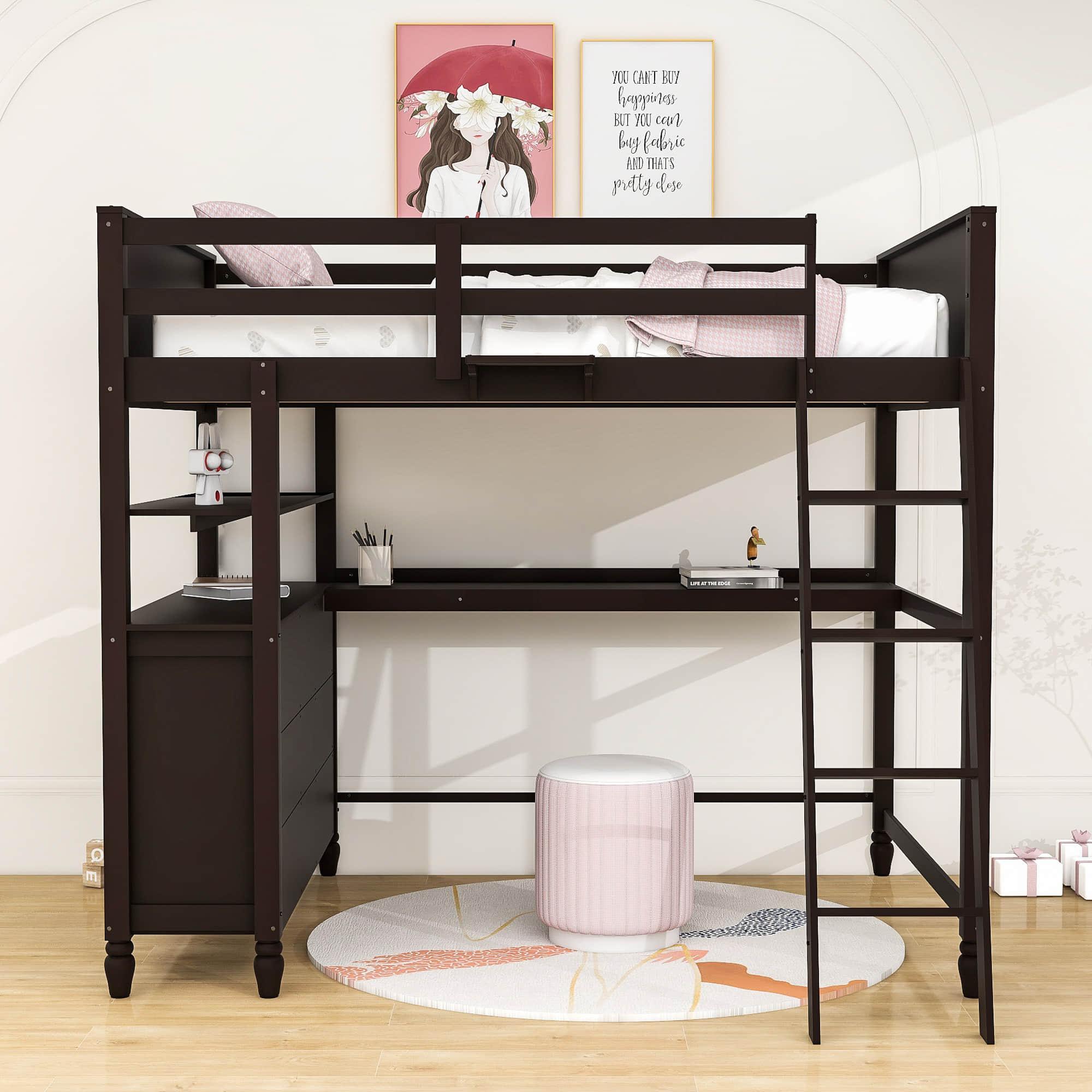 Full Size Loft Bed with Desk and Storage Dresser for Adult, Kids - [Wood, Drawers, Shelves]