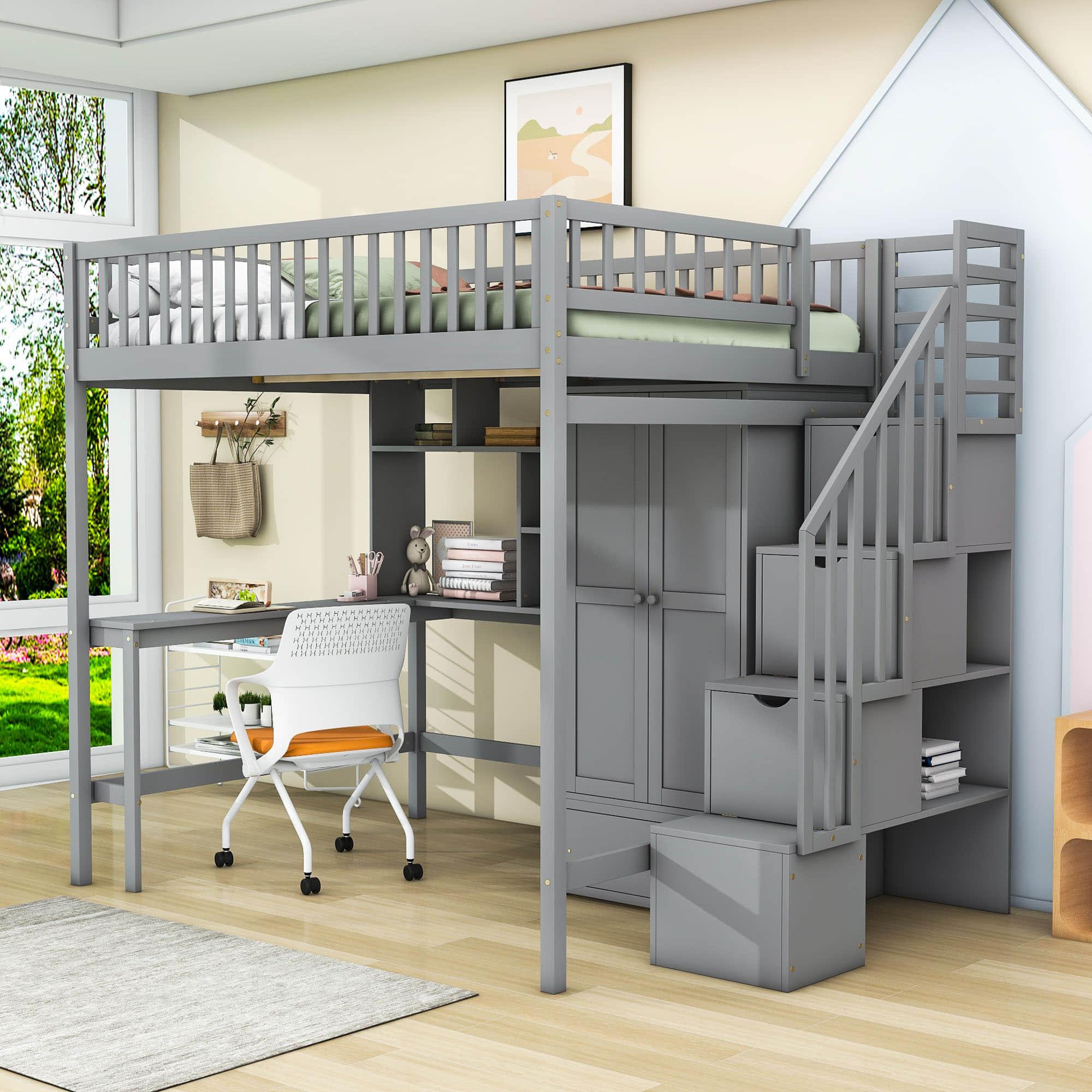 Full Size Loft Bed with Desk and Stairs, Storage - [Wood, Drawers, Wardrobe, Shelves]