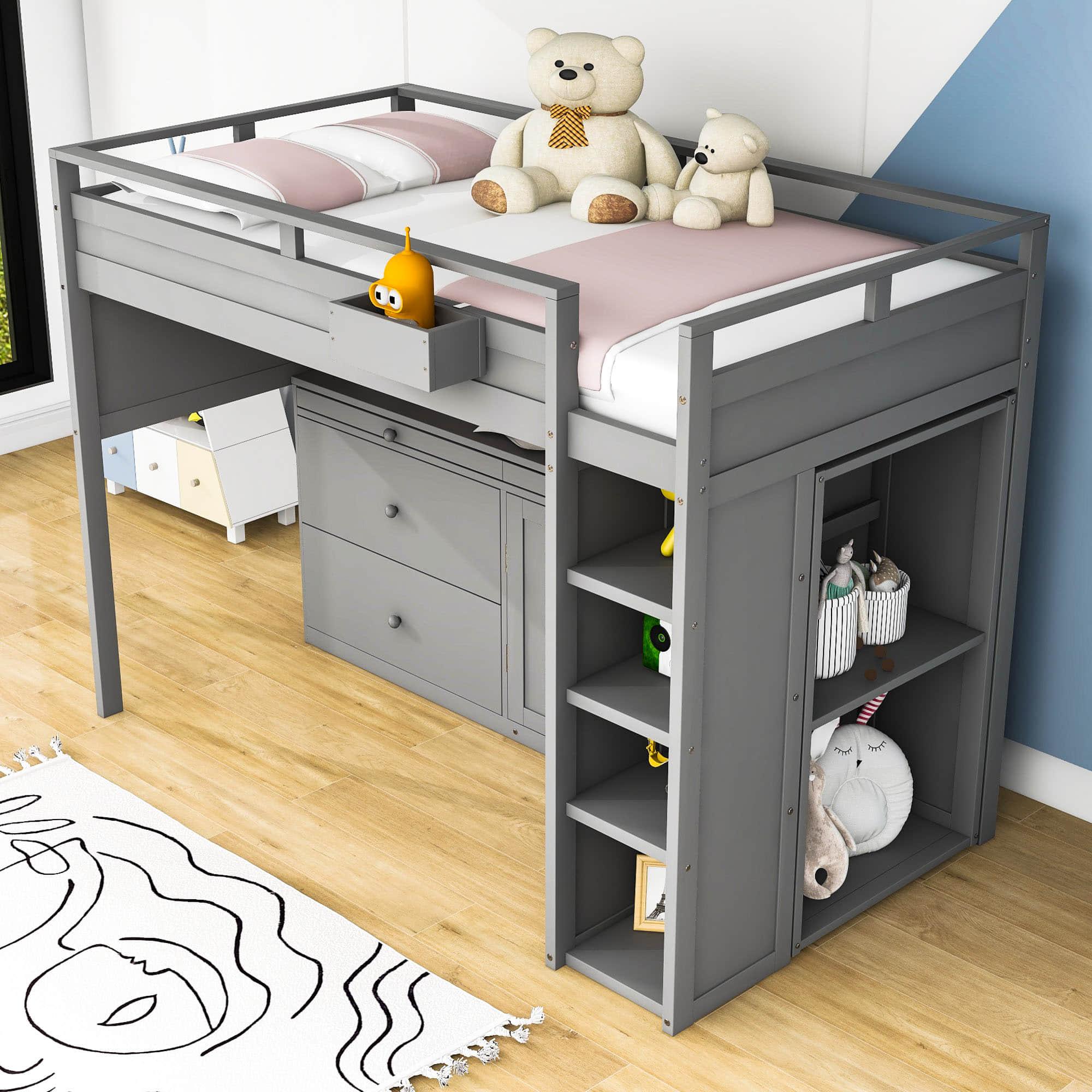 Twin Loft Bed with Desk and Storage for Kids, Teens - [Wooden]