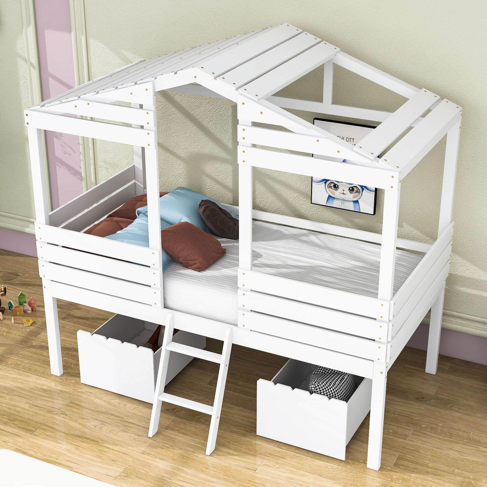 Twin Low Loft FarmHouse Bed with Storage Drawers for Kids - [Wood]