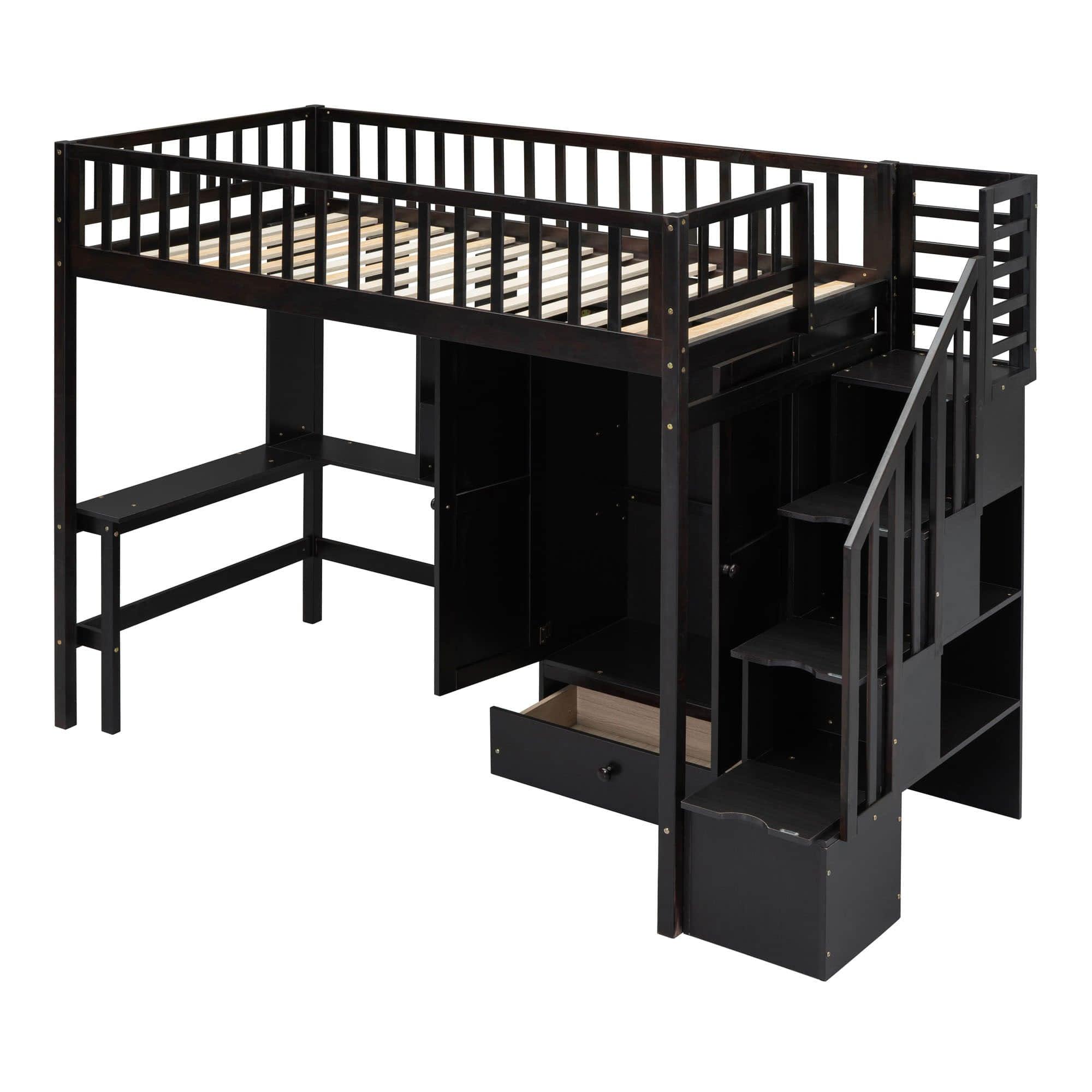 Twin Loft Bed with Desk and Storage Stairs - [Wood, Cabinet, Wardrobe, Shelves]