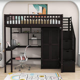 Twin Loft Bed with Desk and Storage Stairs - [Wood, Cabinet, Wardrobe, Shelves]