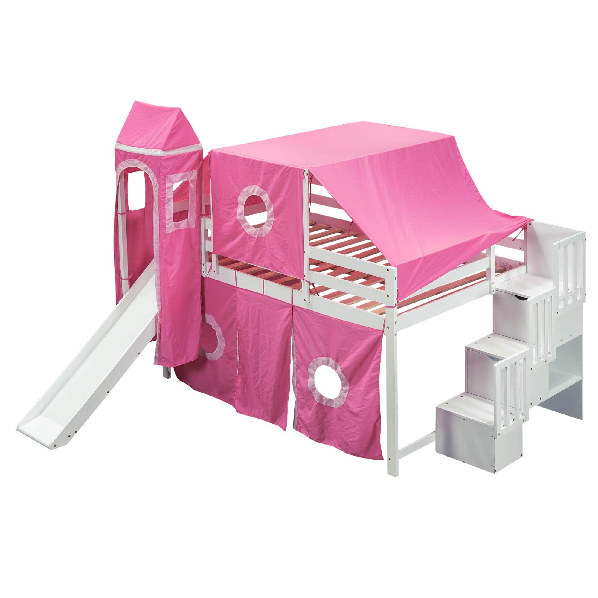 Wood Full Size Low Loft House Bed with Stairs and Slide for Kids