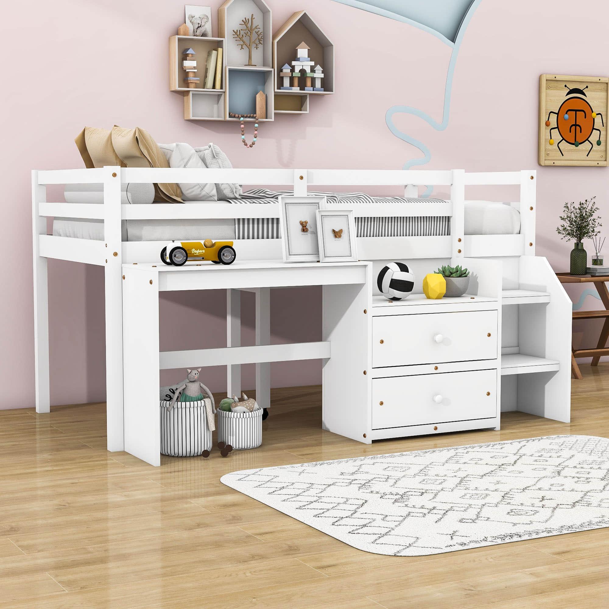 Twin Size Kids Low Loft Bed with Desk, Stairs and Storage Drawers