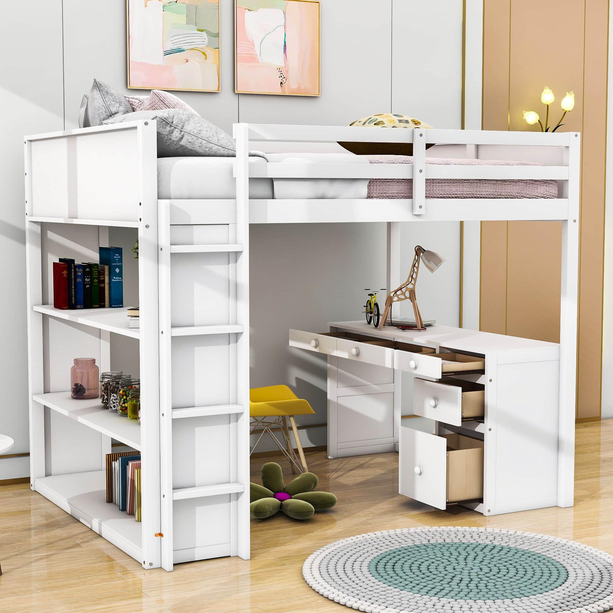 Full Size Loft Bed with Desk and Storage Drawers, Shelves for Adults, Kids - [Wood]