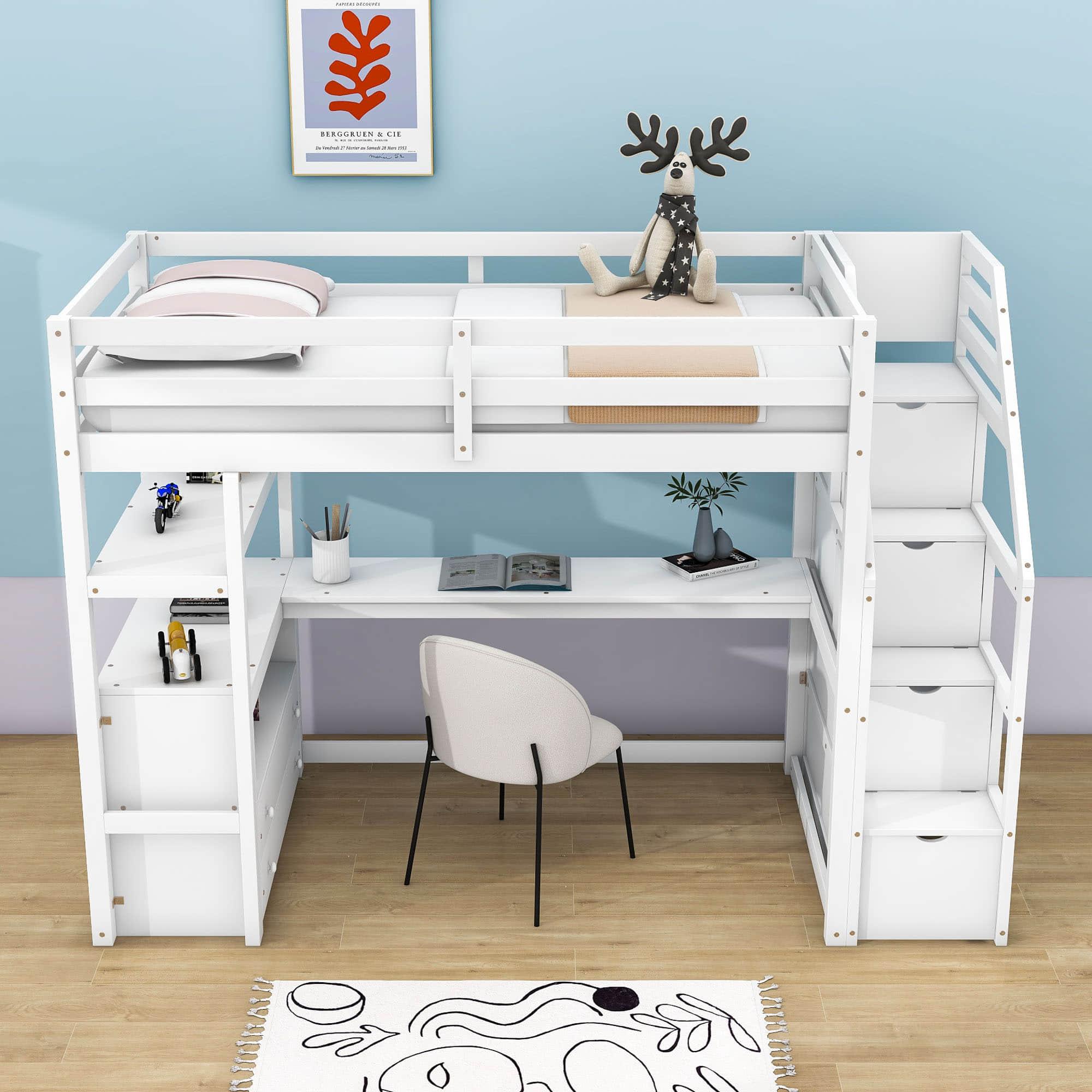 Twin Loft Bed with Desk and Stairs, Storage for Kids, Adults - [Wooden]