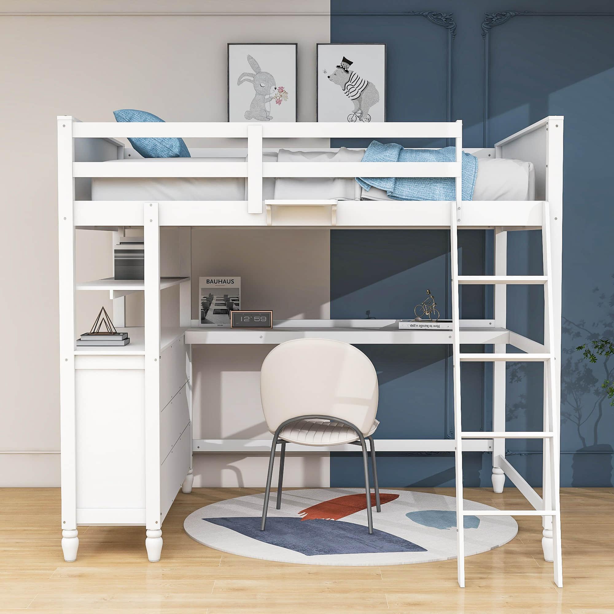 Full Size Loft Bed with Desk and Storage Dresser for Adult, Kids - [Wood, Drawers, Shelves]