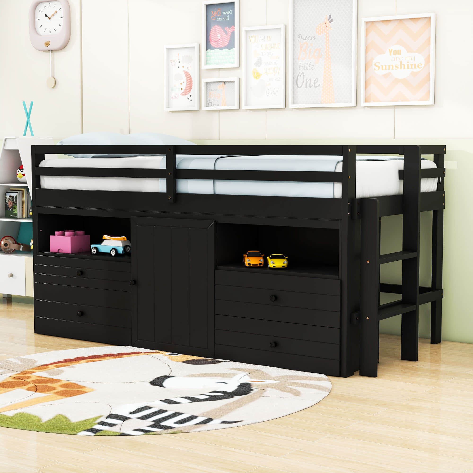 Low Twin Loft Bed Frame with Storage for Kids - [Drawers, Cabinet, Shelves]