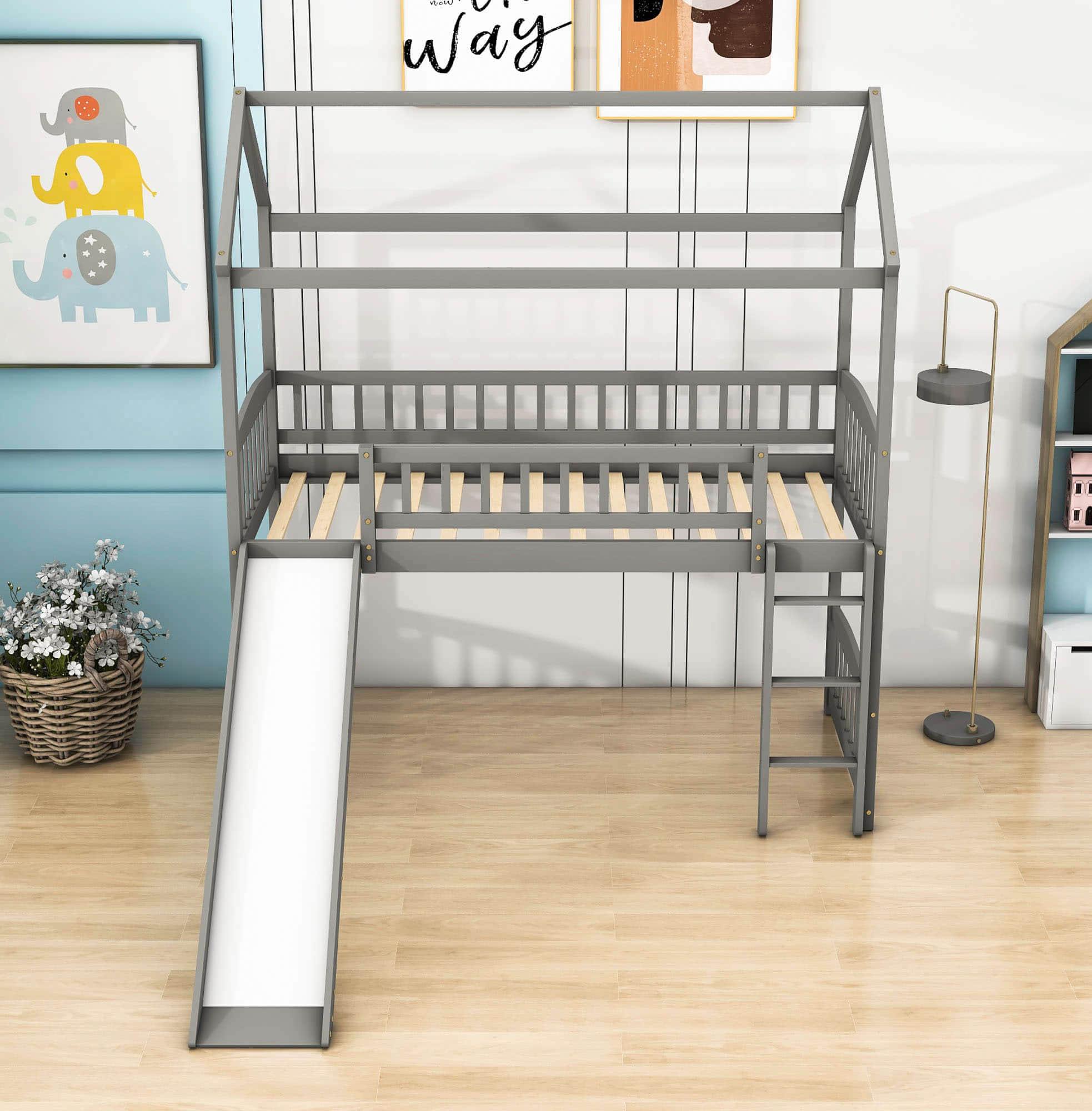 Twin Size Low House Loft Bed with Slide for Kids - [Wood]