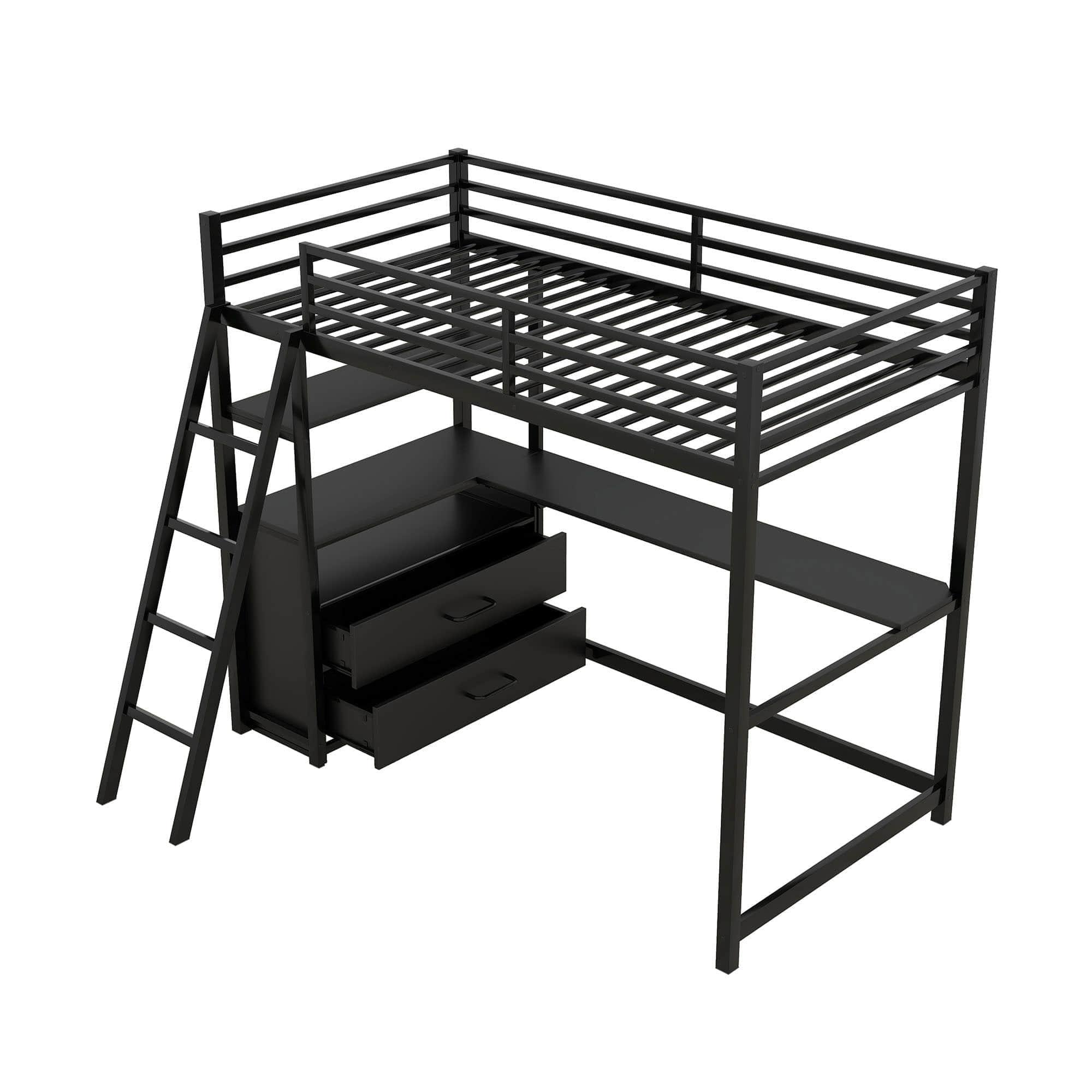 Metal Twin Size Loft Bed with Desk and Storage for College, Dorms