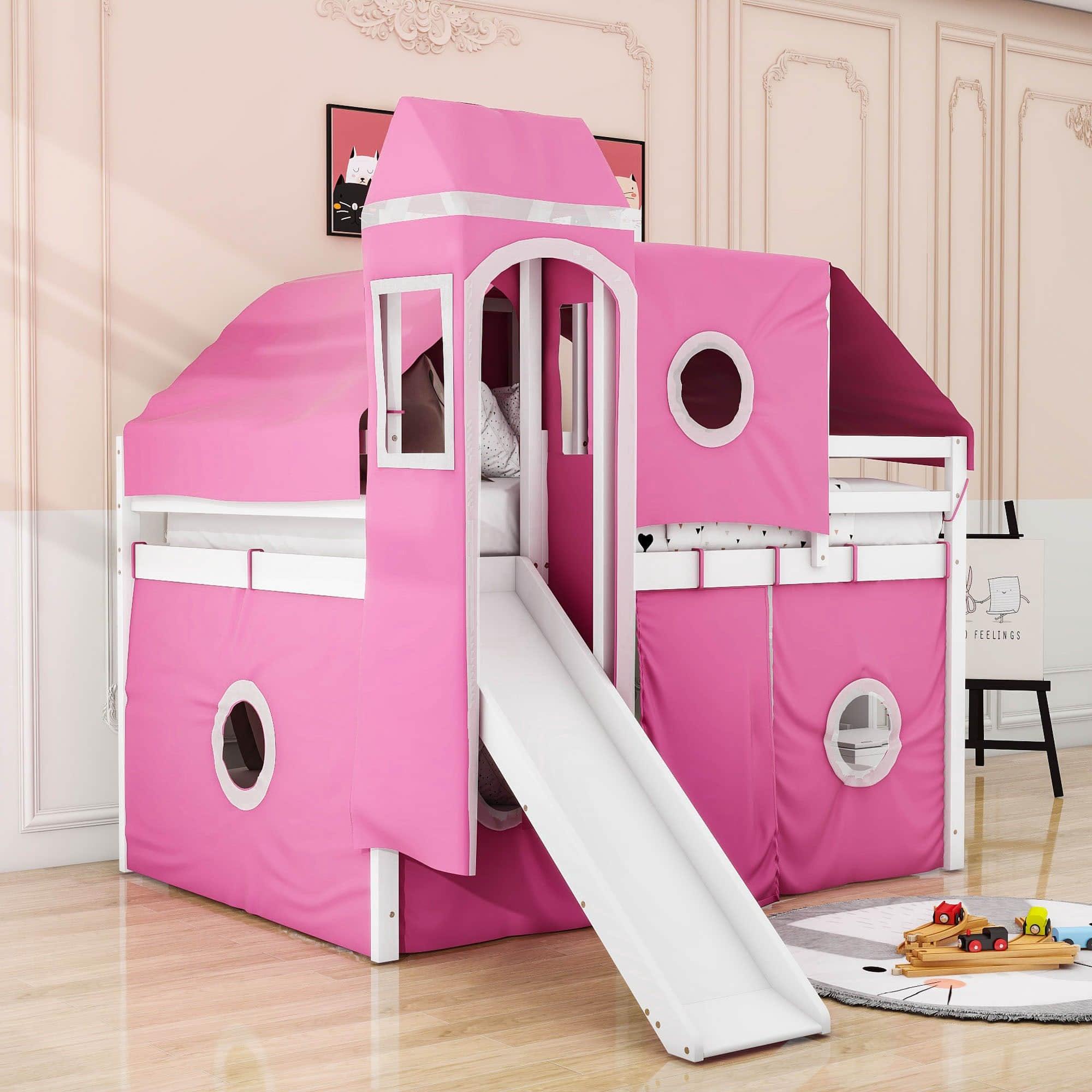 Wood Full Size Low Loft House Bed with Stairs and Slide for Kids