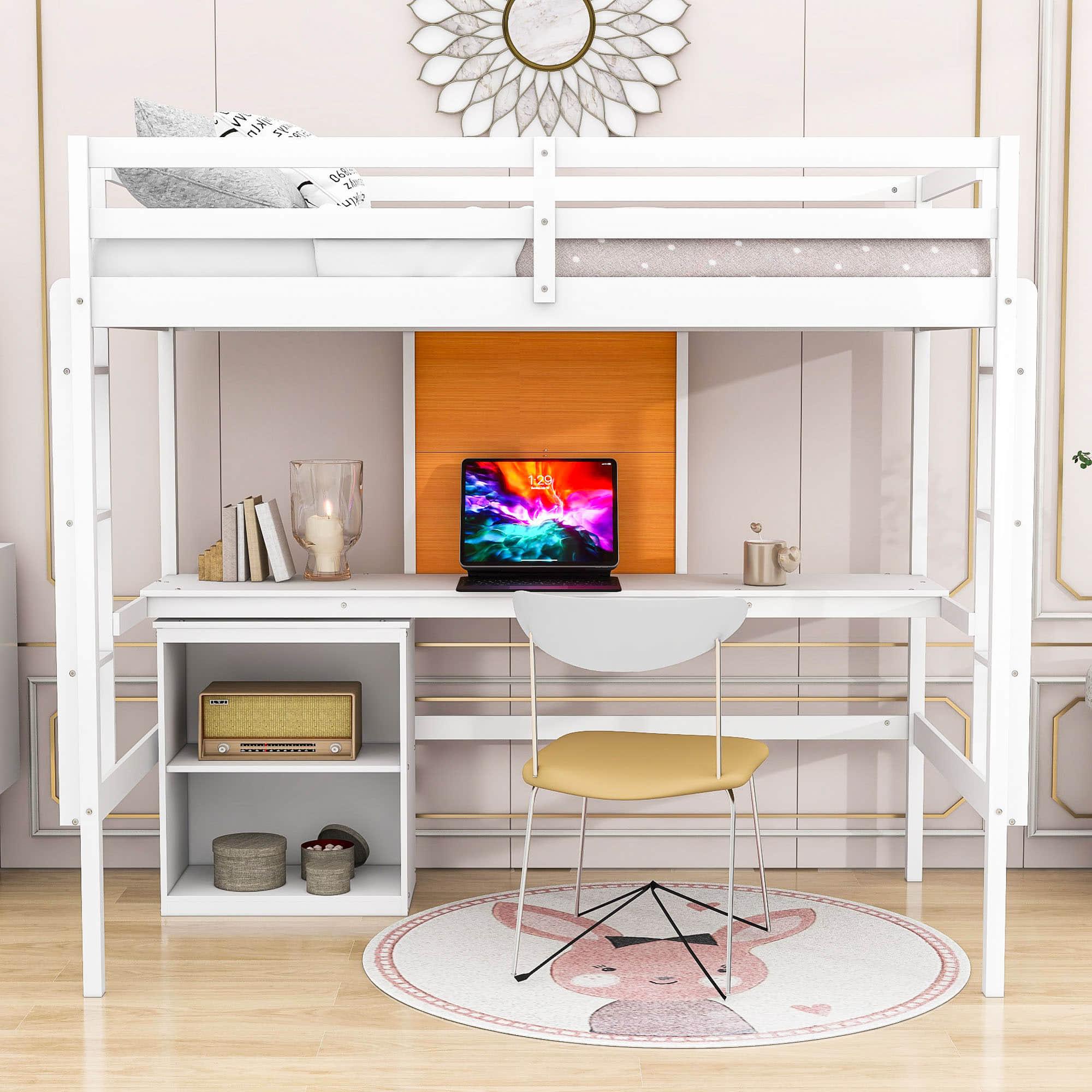 Wood Twin Loft Bed with Desk and Storage for Adults, Kids - [Cabinet]