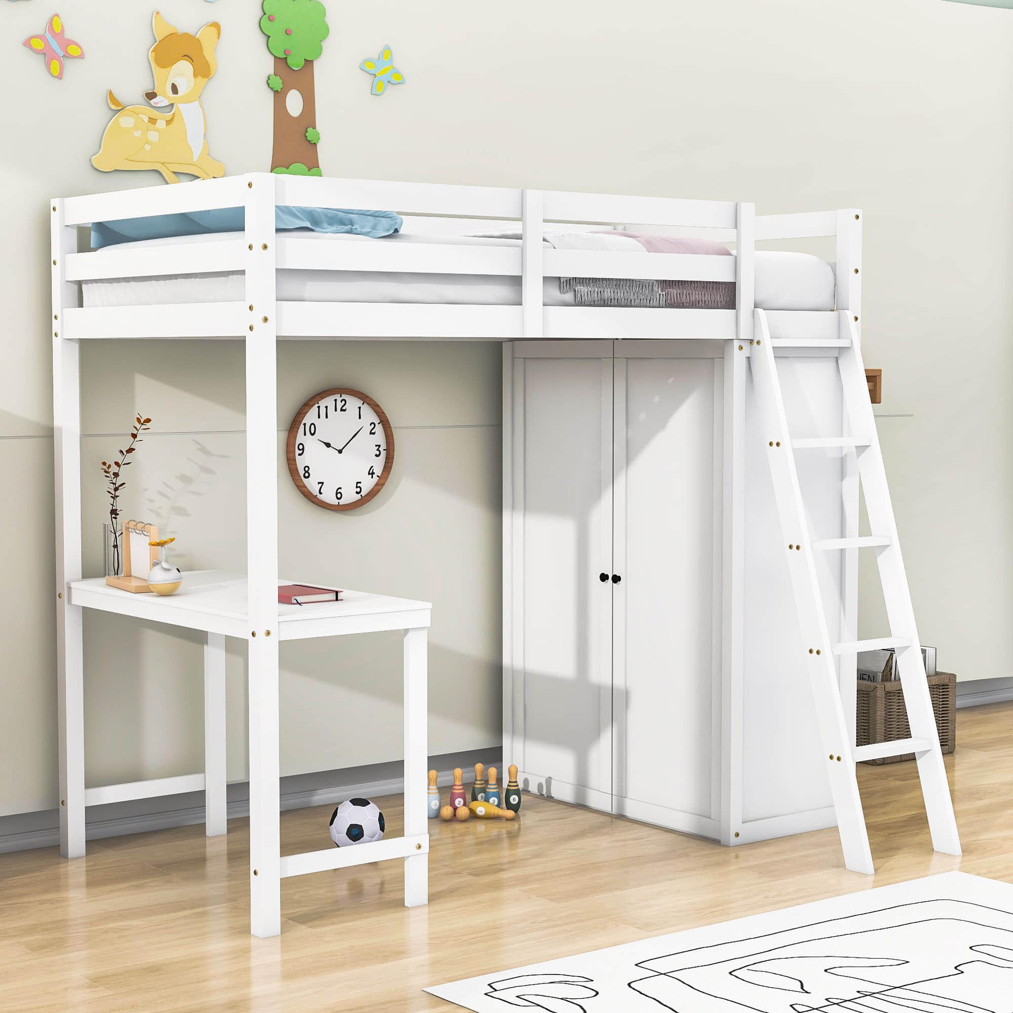 Wood Twin Loft Bed with Desk and Storage for Adults, Kids - [Wardrobe]