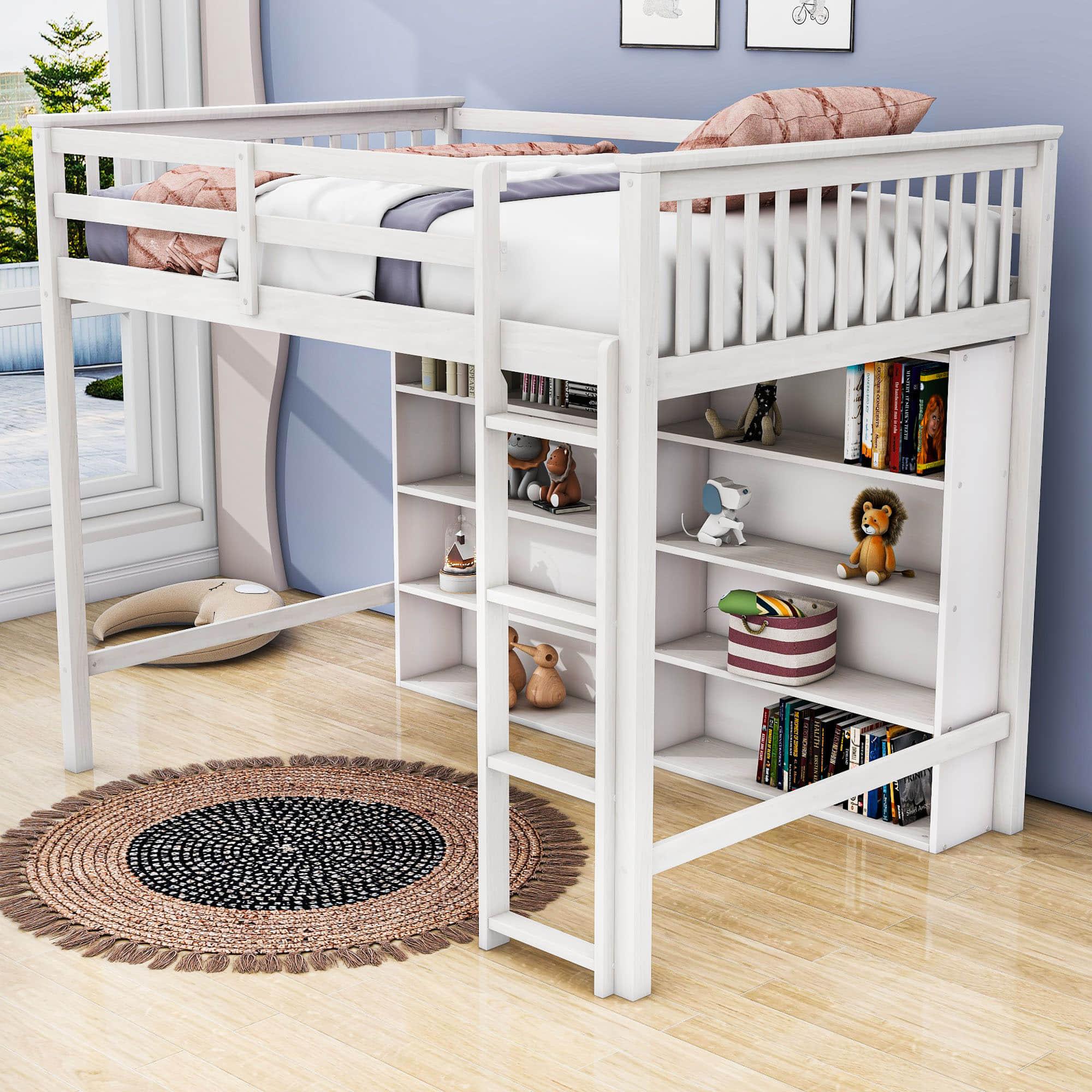 Full Size Loft Bed with Large Open Storage Shelves for Adults, Kids