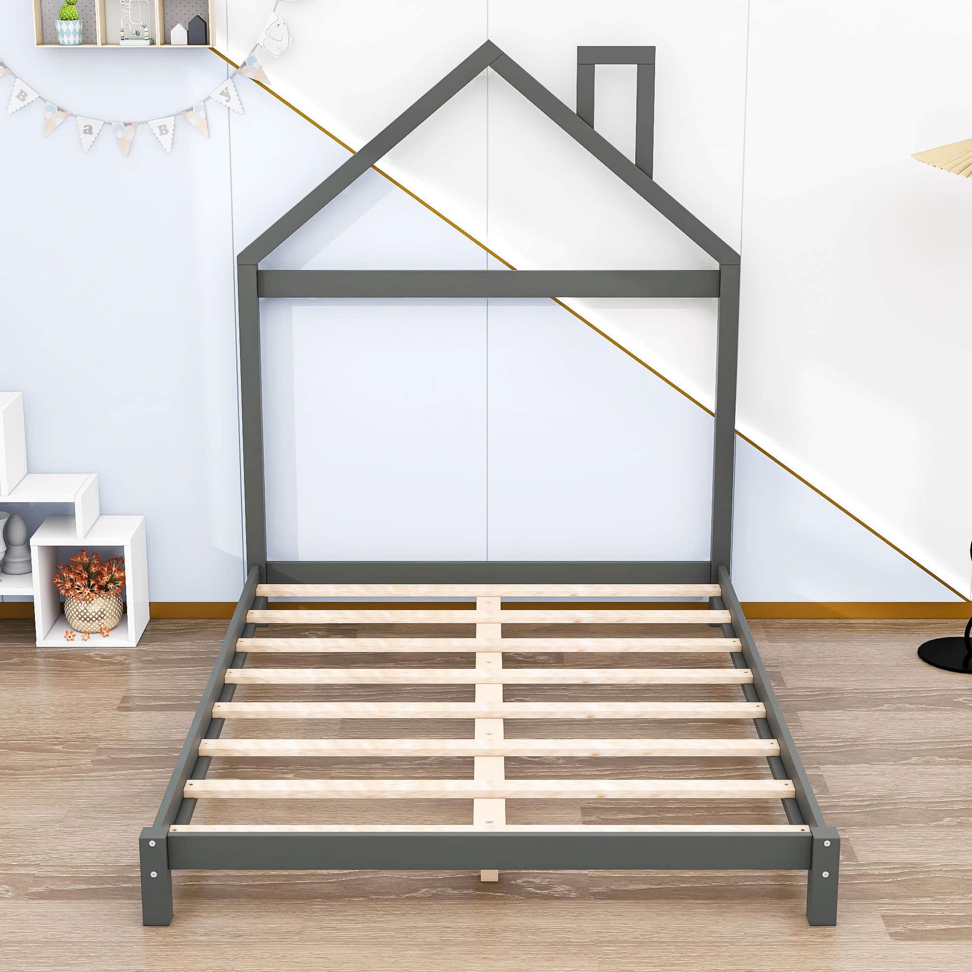 Low Full Size Wooden Toddler Bed with House-Shaped Headboard