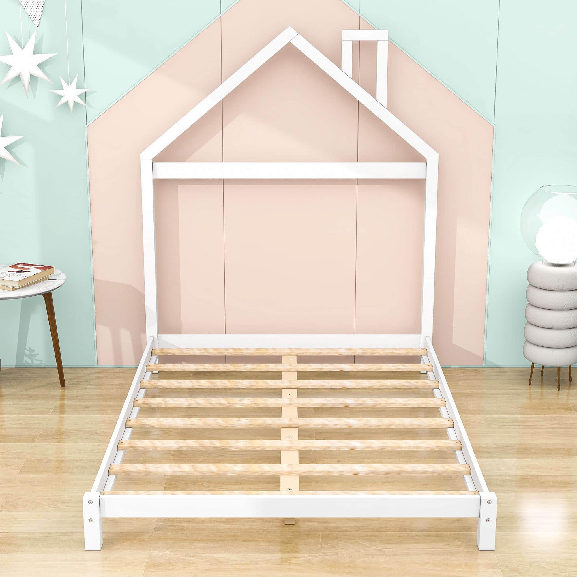 Low Full Size Wooden Toddler Bed with House-Shaped Headboard