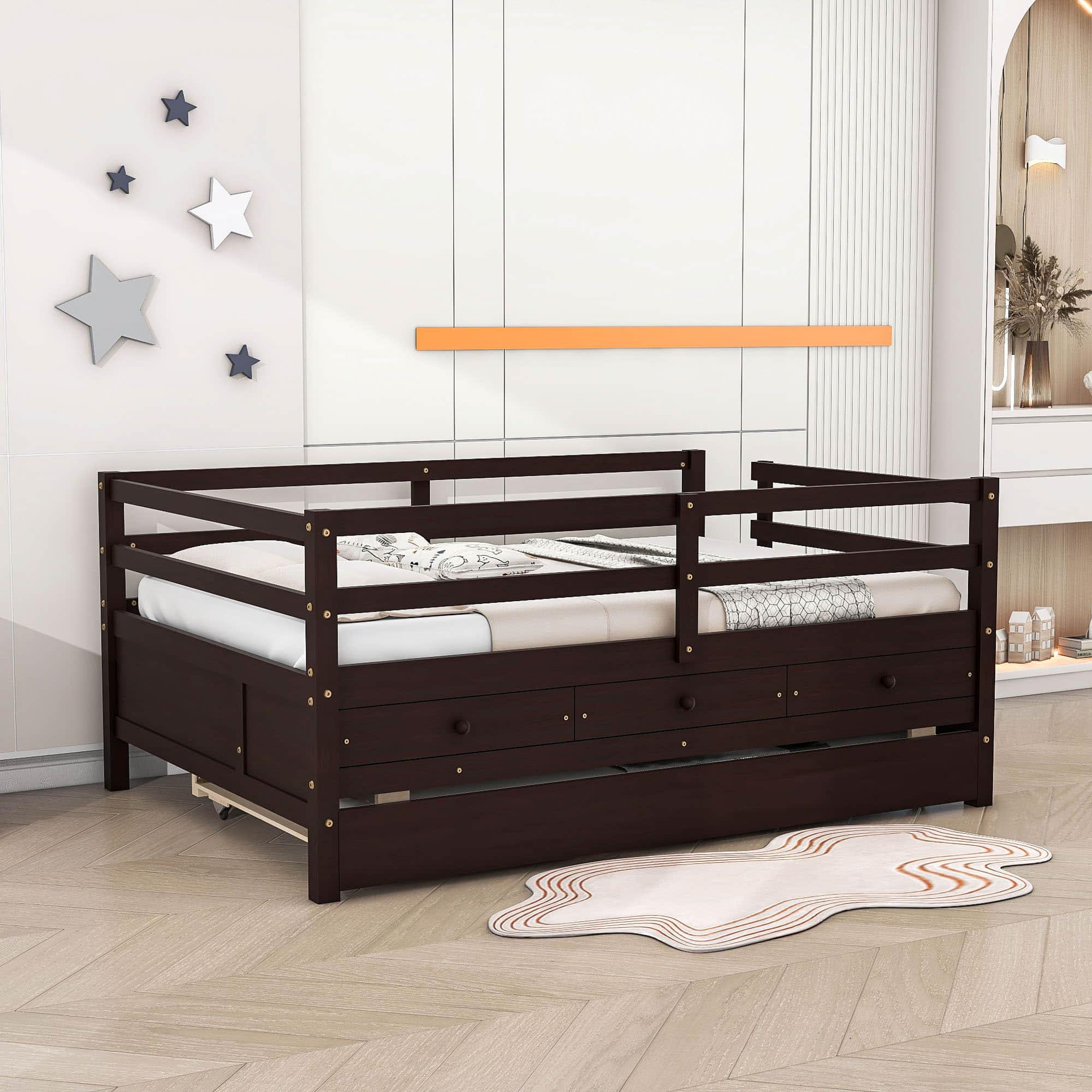 Solid Wood Low Full Size Kids Bed with Trundle and Storage - [Drawers, Rails]