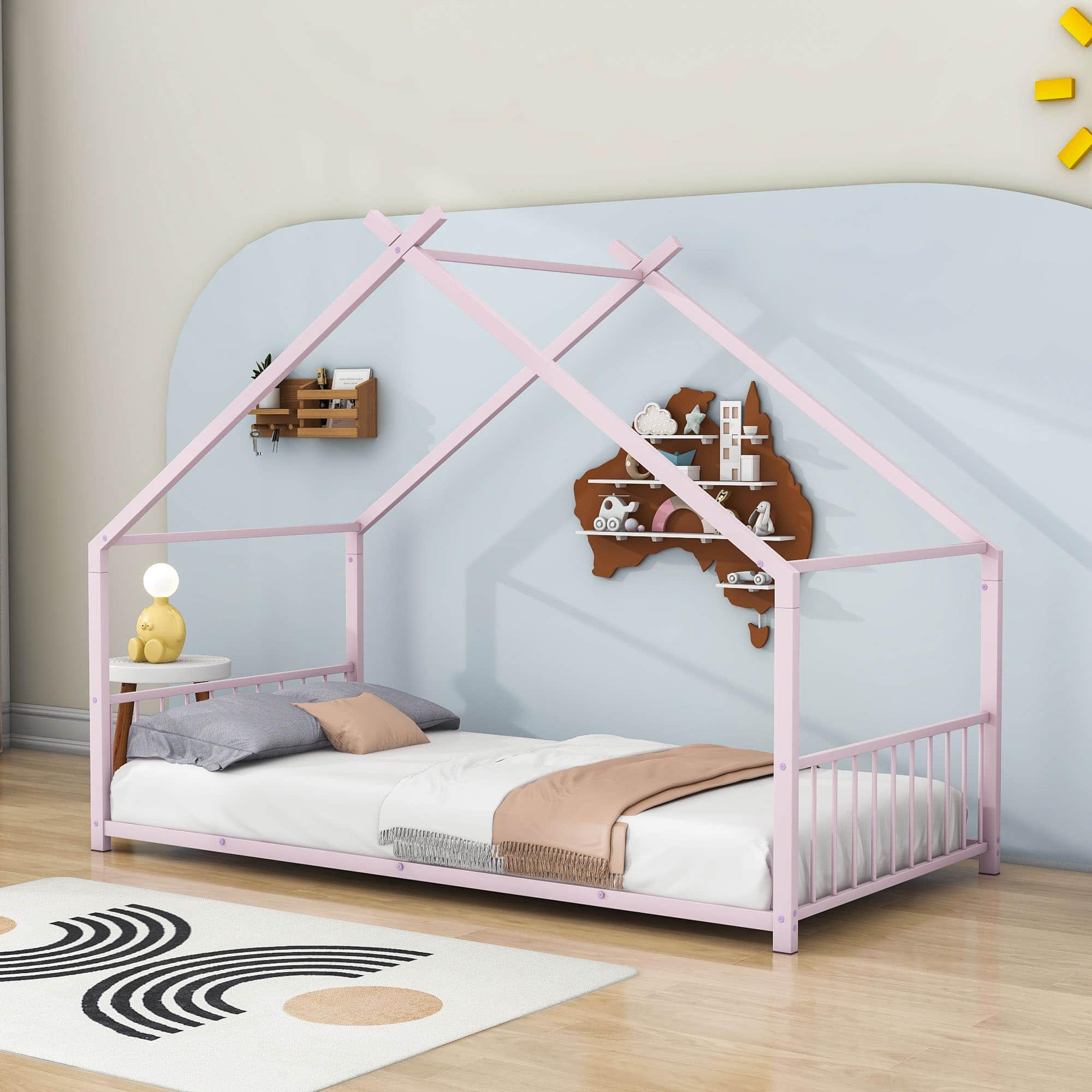 Twin Size Metal House Floor Bed for Toddler, Kids