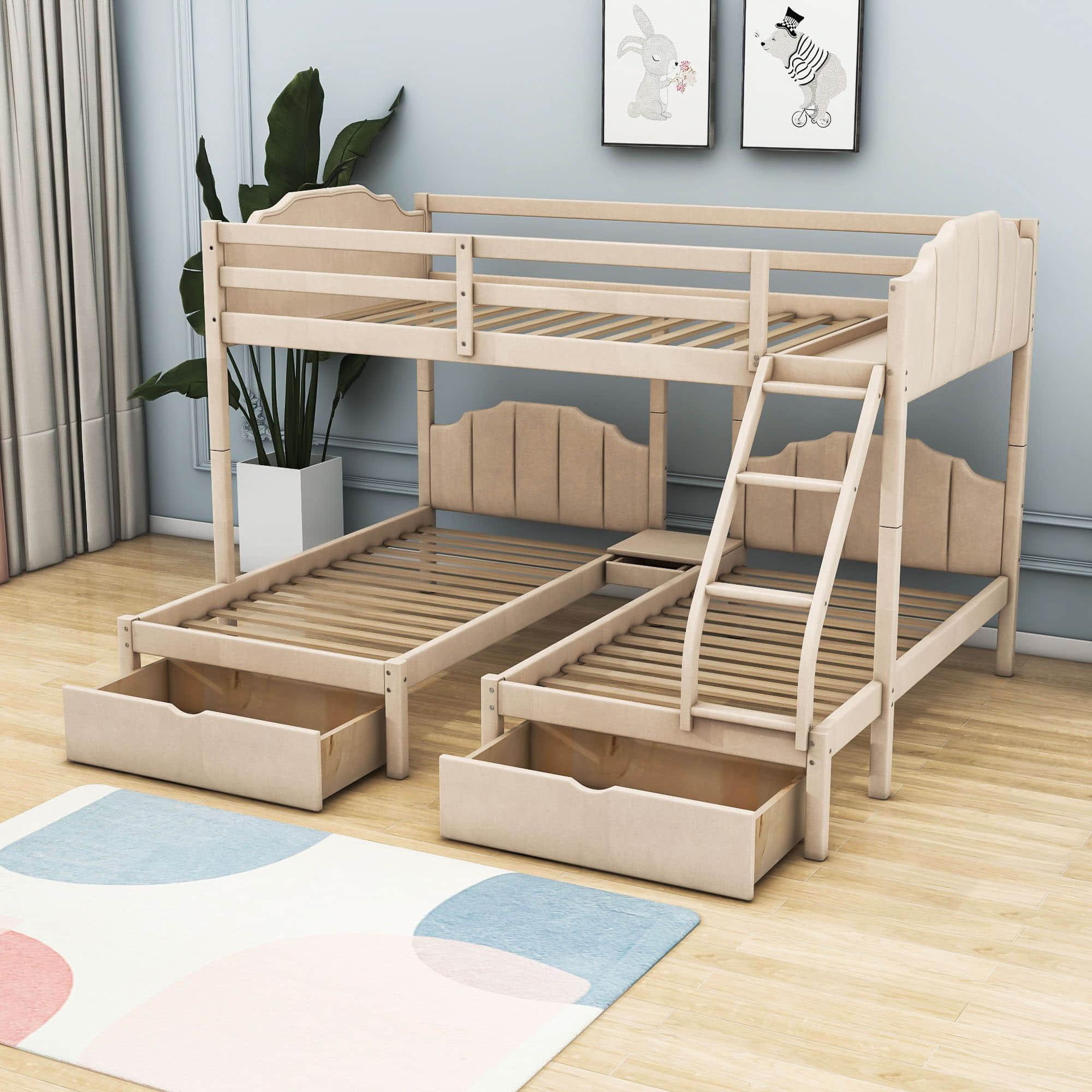 Upholstered Full Over Twin & Twin Triple Bunk Bed with Storage - [Drawers, L-Shaped]