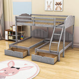 Upholstered Full Over Twin & Twin Triple Bunk Bed with Storage - [Drawers, L-Shaped]