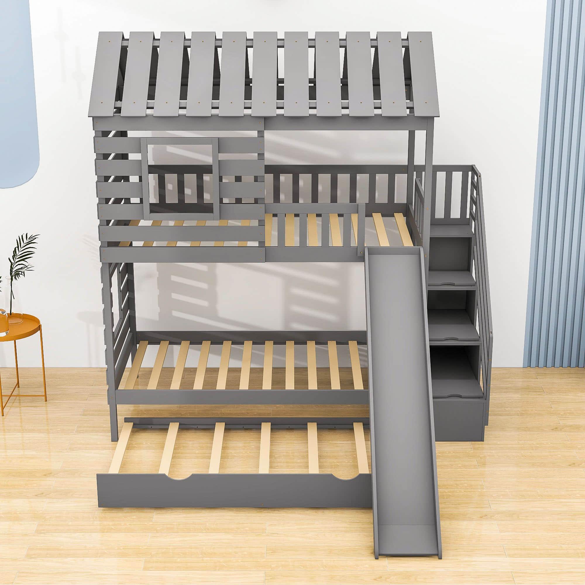 Twin Over Twin House Bunk Beds with Slide and Stairs, Trundle for Kids - [Wooden]