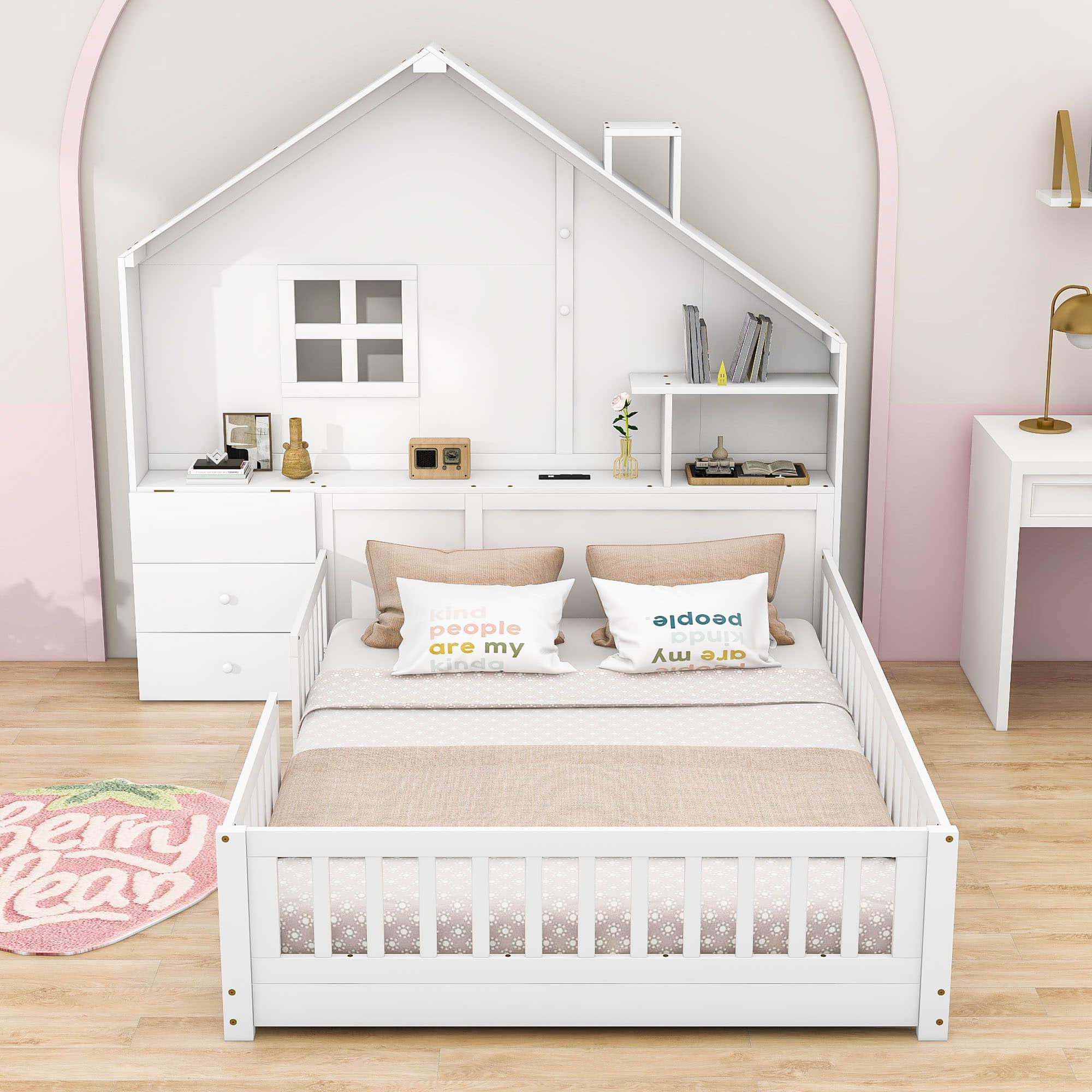 Smart Full Floor House Bed Frame with Storage Headboard and Sockets