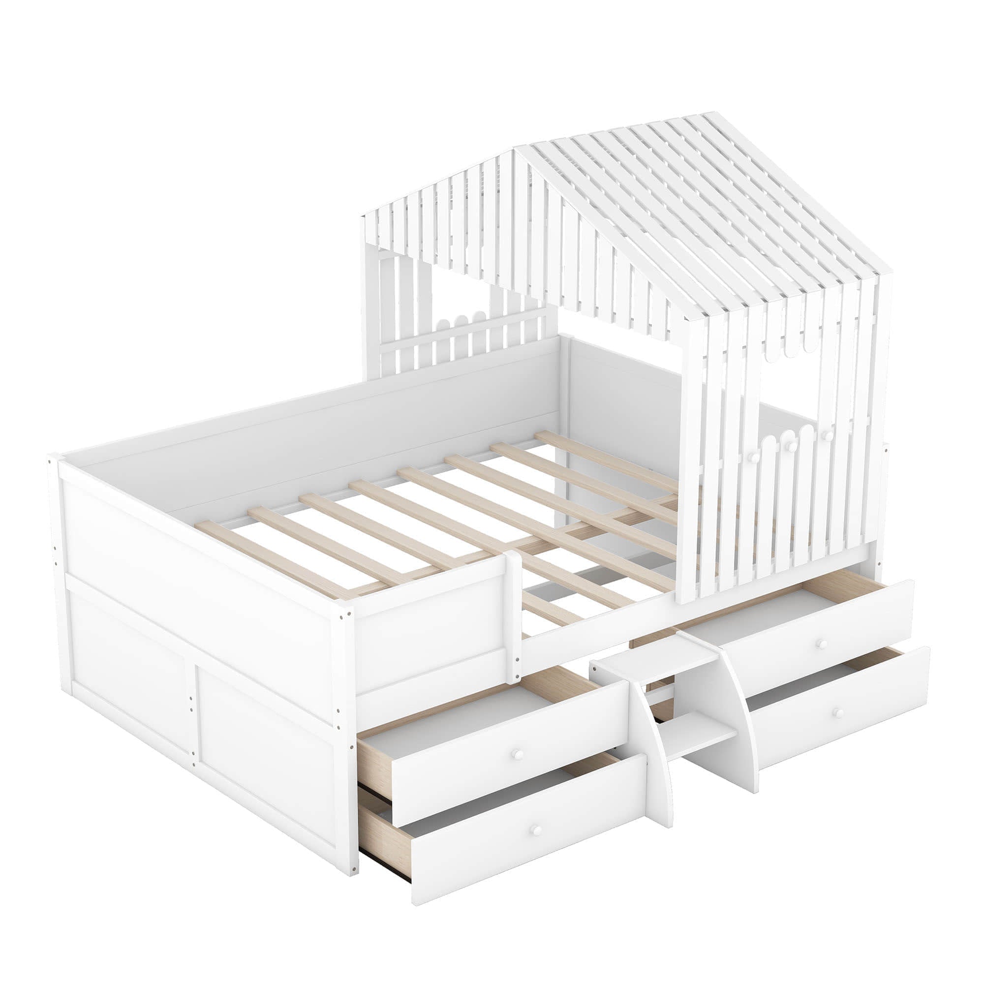 Full Size Low House Toddler Loft Bed with Stairs and Storage - [2 Steps]