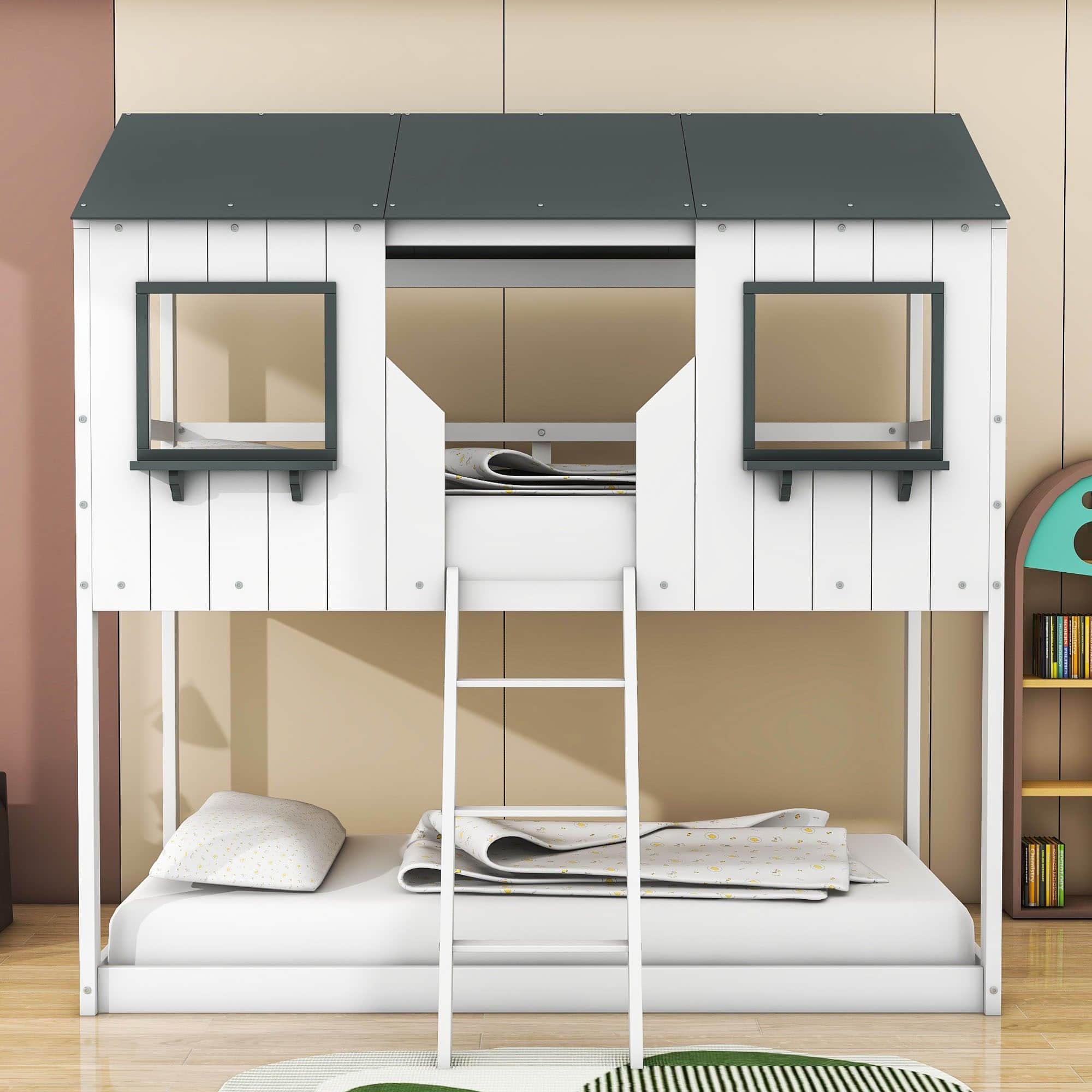 Twin Over Twin House Bunk Beds for Kids Toddler - Wooden, Low, Floor