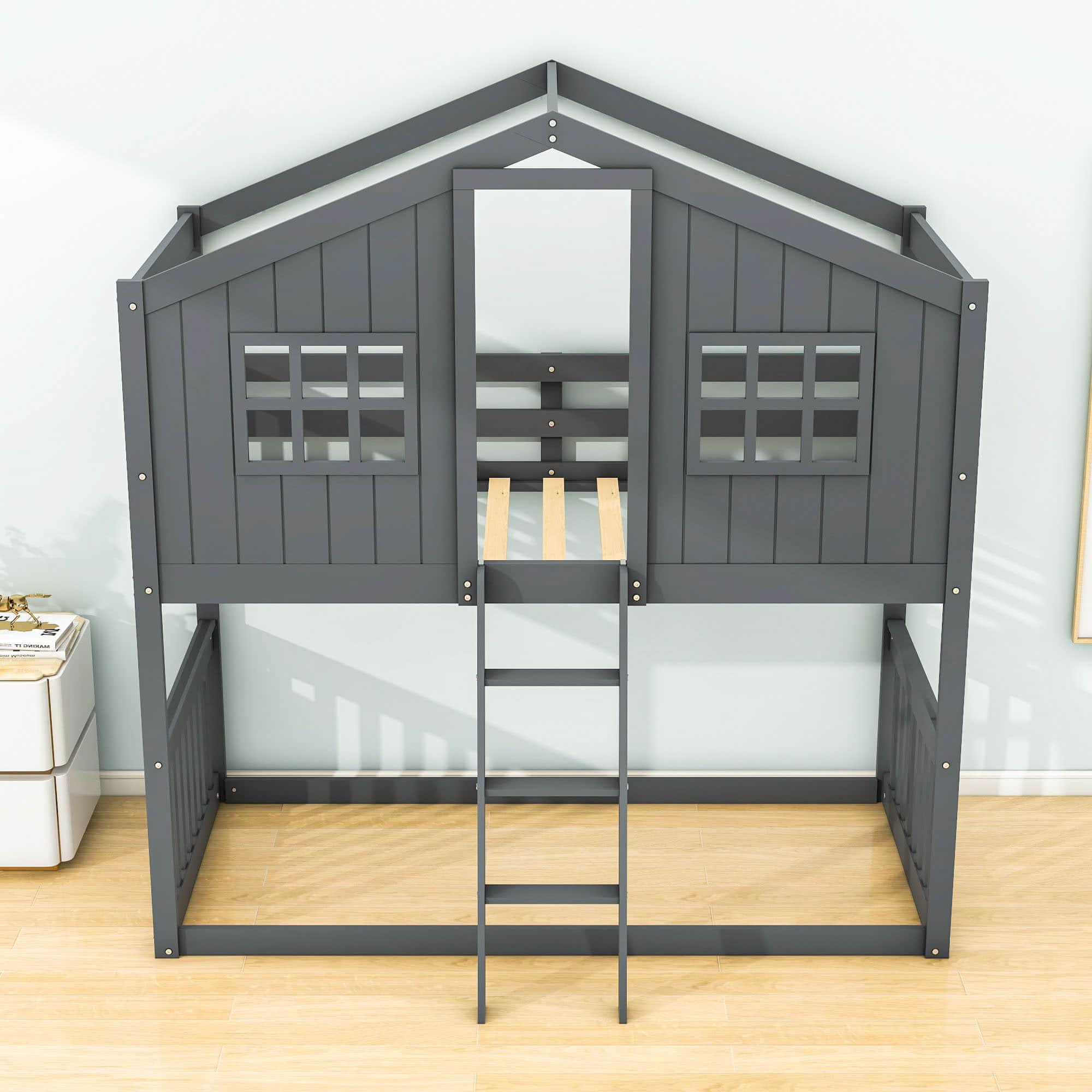 Low Twin Over Twin House Bunk Beds for Kids Toddler - [Wooden, Floor]