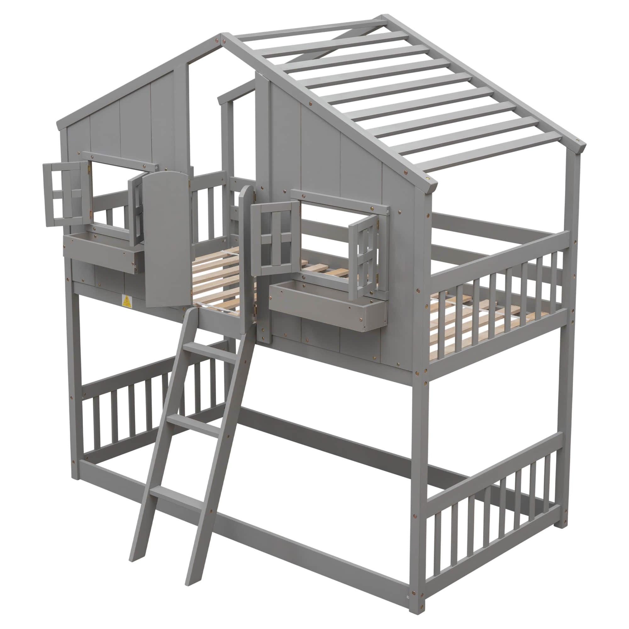 Low Twin Over Twin FarmHouse Bunk Beds for Kids, Toddler - [Wooden, Floor]