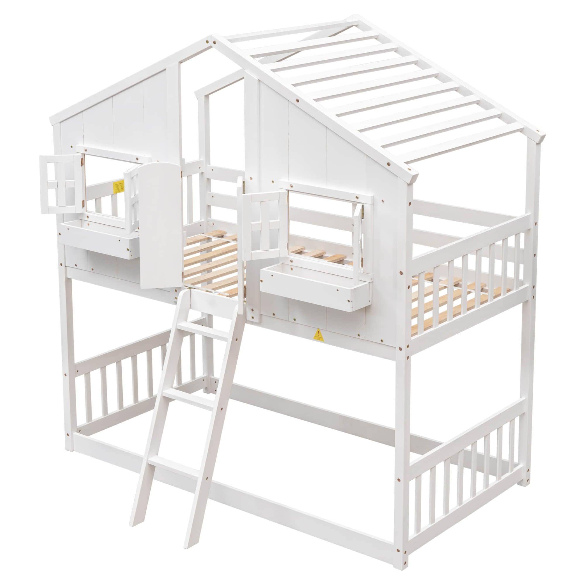 Low Twin Over Twin FarmHouse Bunk Beds for Kids, Toddler - [Wooden, Floor]