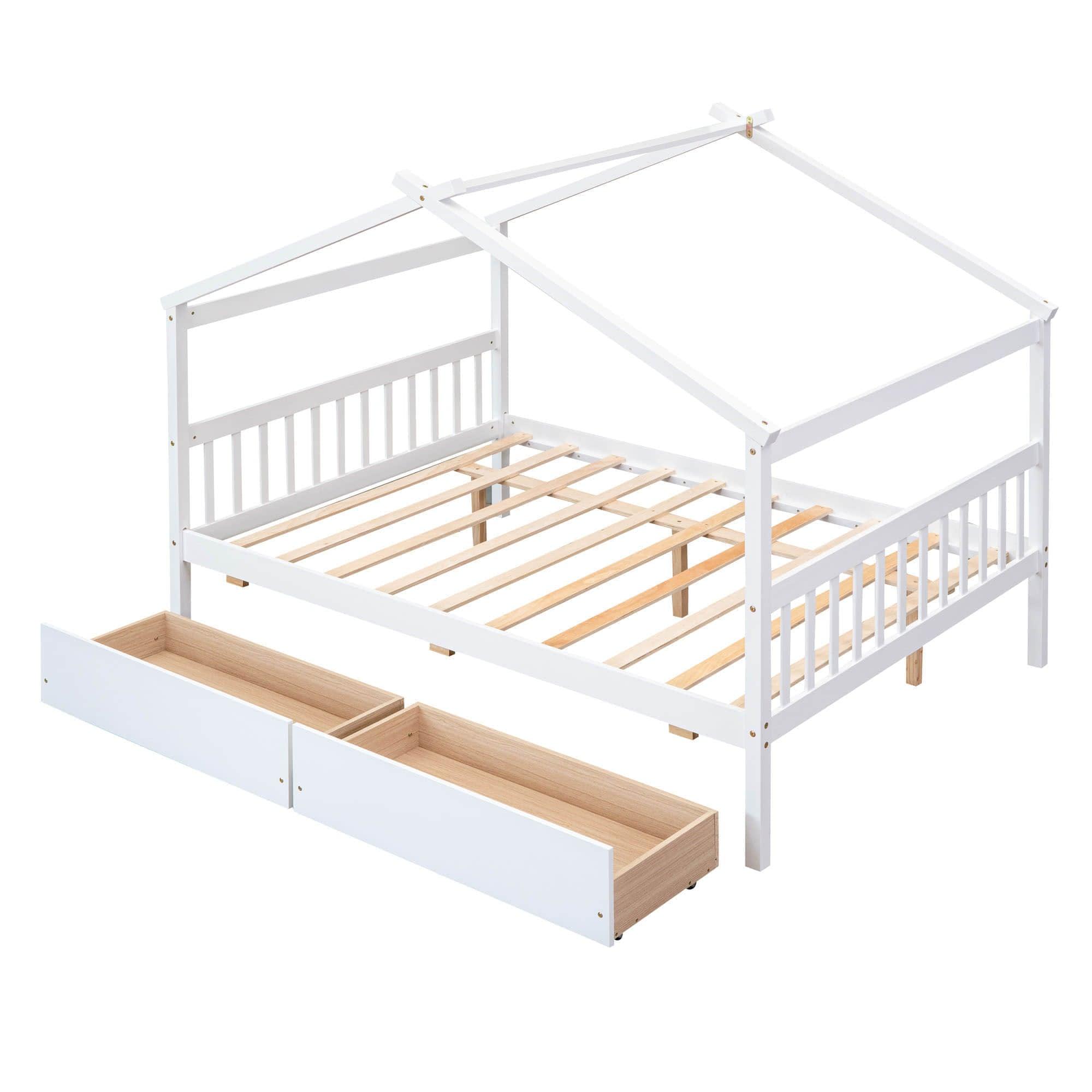 Wooden Full Size House Bed with Storage Drawers for Kids