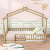 Twin Wood House Kids Toddler Floor Bed with Rails