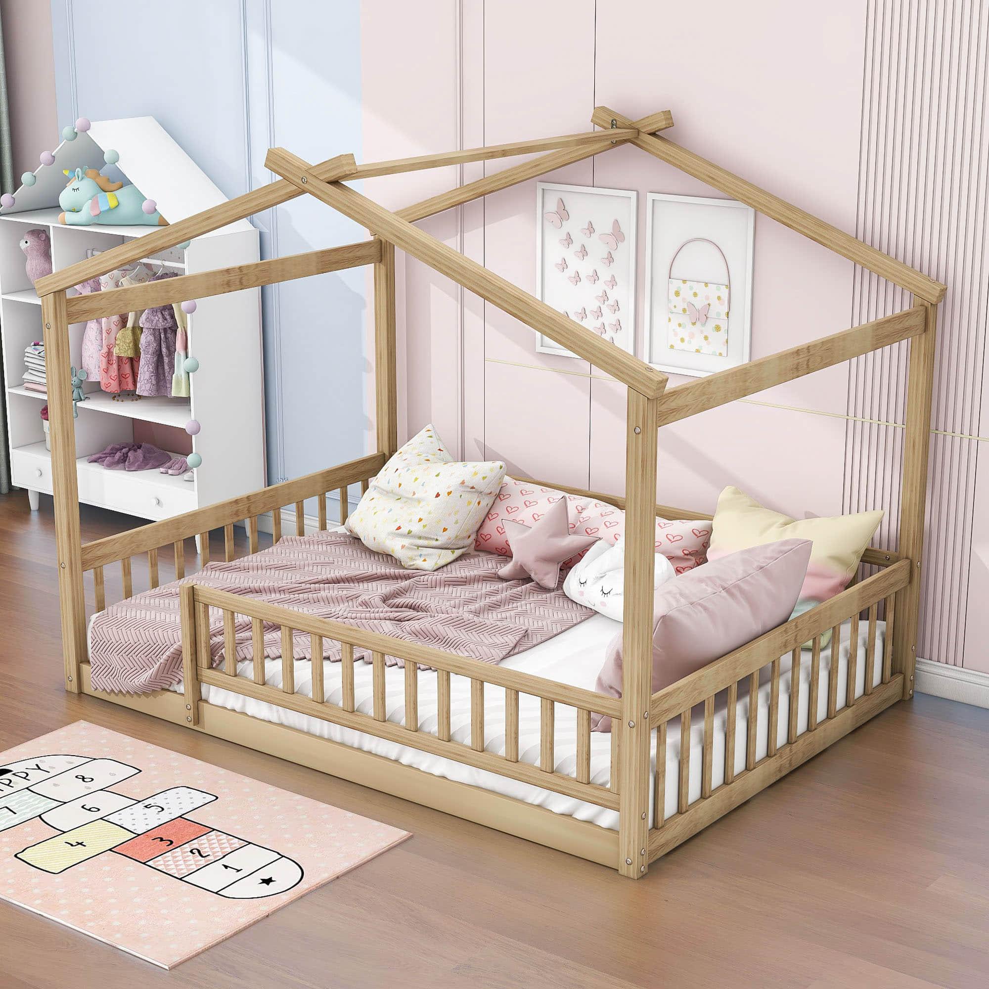 Full Size Wood House Kids Toddler Floor Bed with Rails