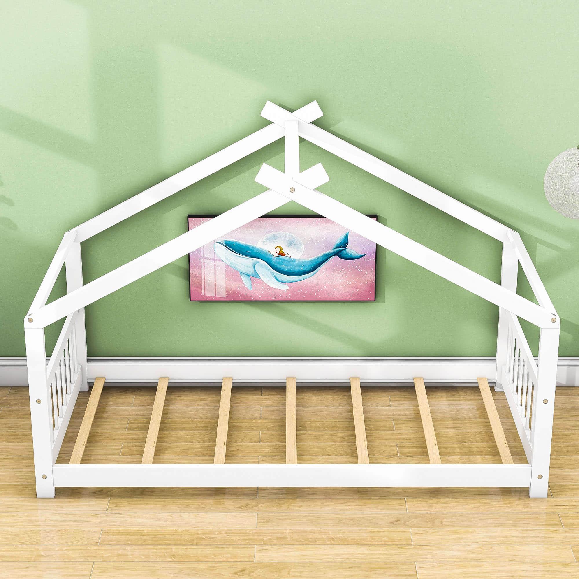 Wooden Twin Low House Bed Frame for Toddler, Kids