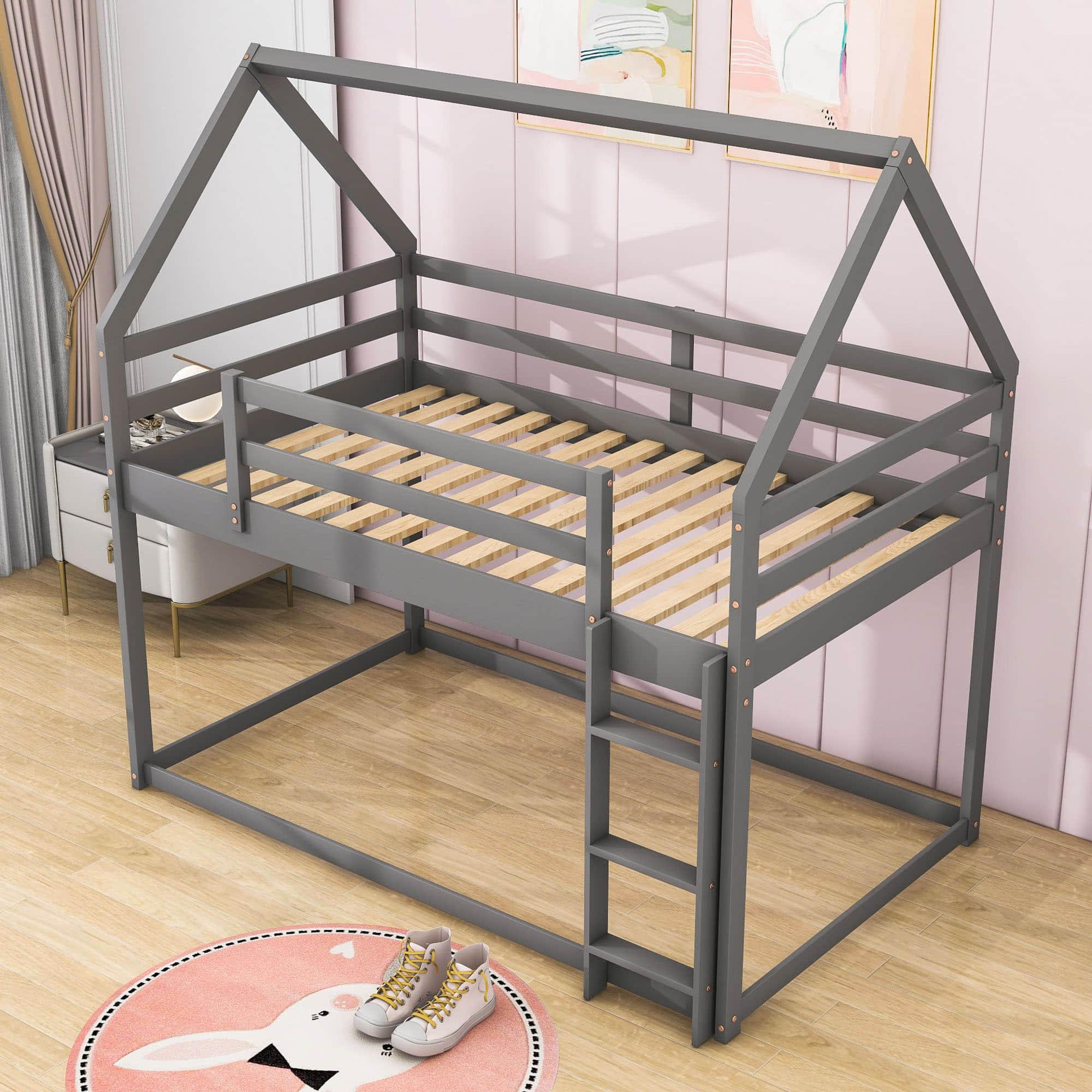 Montessori Wood House Twin over Twin Loft Bunk Bed for Kids, Toddler - [Low]